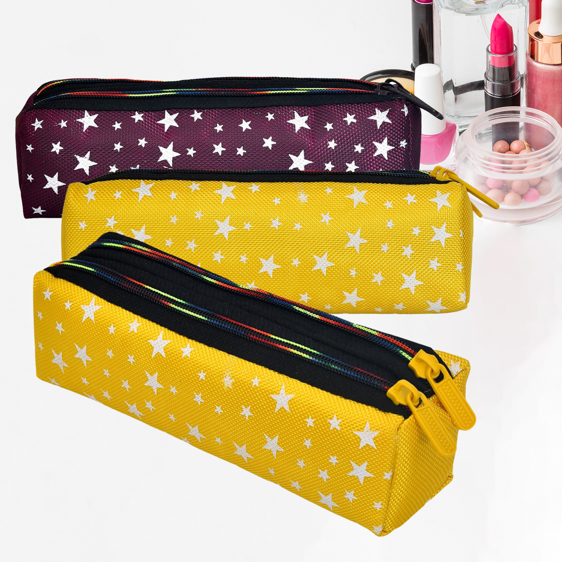 Kuber Industries Makeup Pouch | Rexine Cosmetic Pouch | Jewellery Utility Pouch | Toiletry Pouch for Girls | Travel Makeup Pouch for Girls | Storage Makeup Bag | Star Makeup Pouch | Pack of 3 | Multi