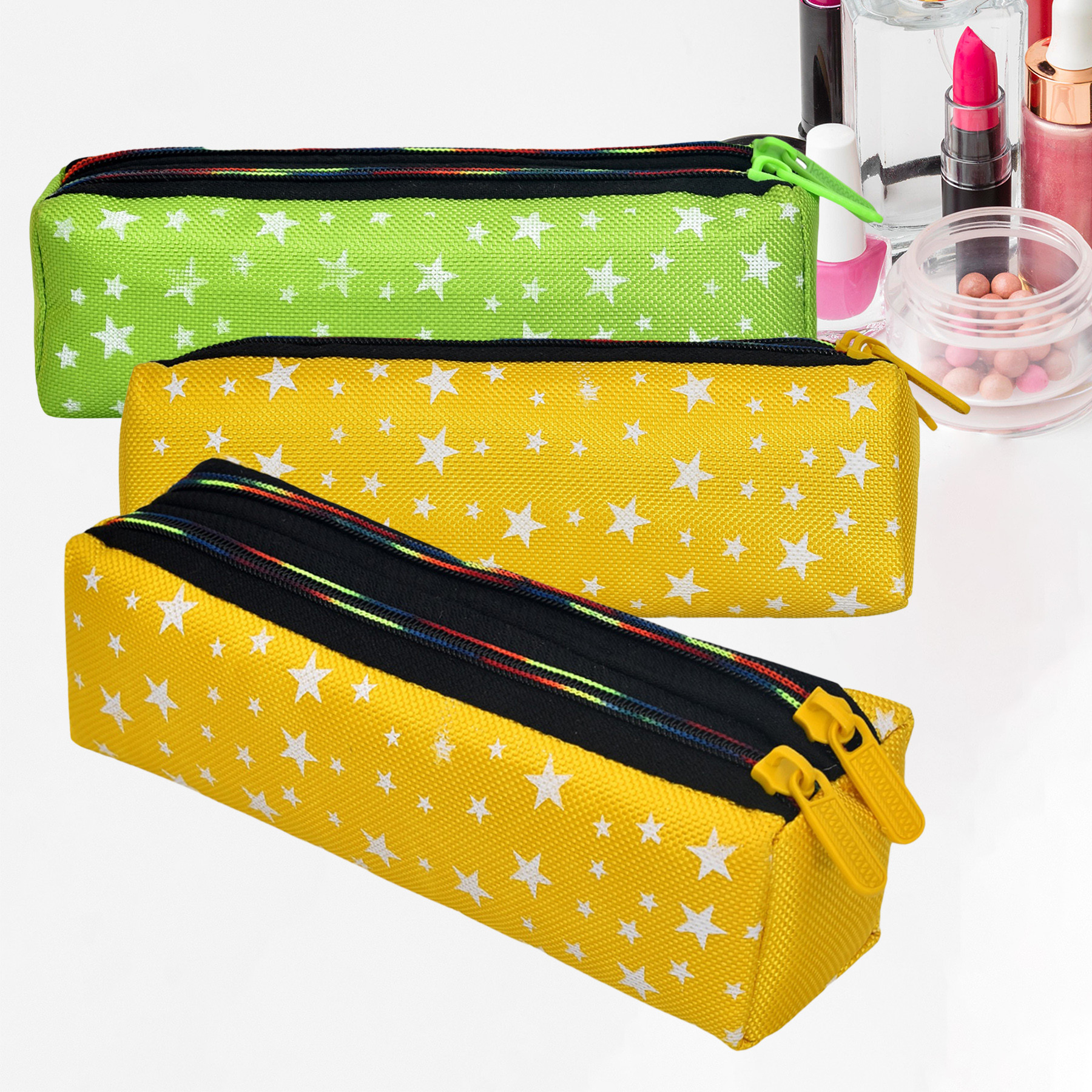 Kuber Industries Makeup Pouch | Rexine Cosmetic Pouch | Jewellery Utility Pouch | Toiletry Pouch for Girls | Travel Makeup Pouch for Girls | Storage Makeup Bag | Star Makeup Pouch | Pack of 3 | Multi