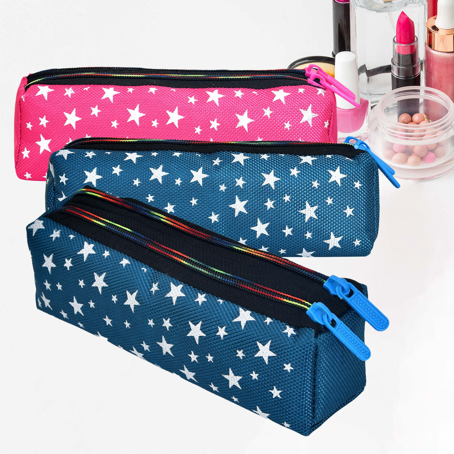 Kuber Industries Makeup Pouch | Rexine Cosmetic Pouch | Jewellery Utility Pouch | Toiletry Pouch for Girls | Travel Makeup Pouch for Girls | Storage Makeup Bag | Star Makeup Pouch | Pack of 3 | Multi