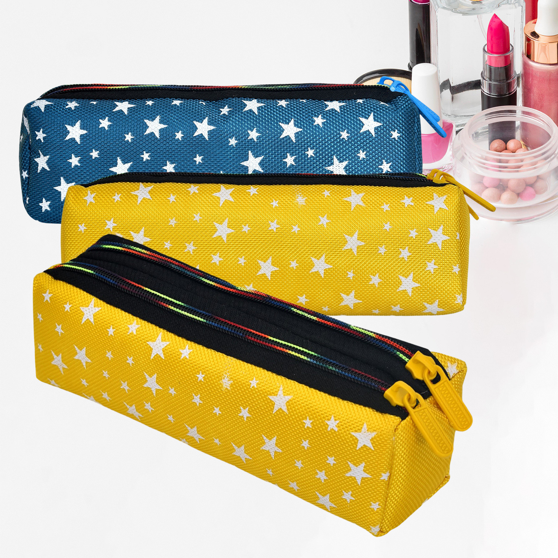 Kuber Industries Makeup Pouch | Rexine Cosmetic Pouch | Jewellery Utility Pouch | Toiletry Pouch for Girls | Travel Makeup Pouch for Girls | Storage Makeup Bag | Star Makeup Pouch | Pack of 3 | Multi