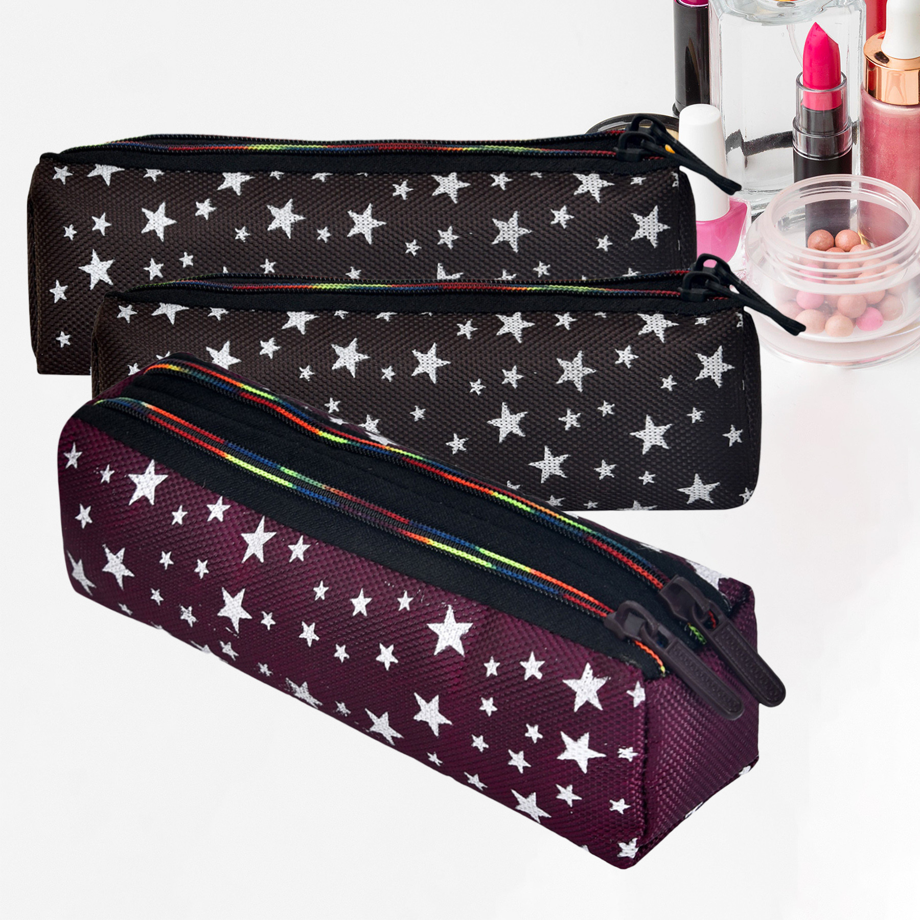 Kuber Industries Makeup Pouch | Rexine Cosmetic Pouch | Jewellery Utility Pouch | Toiletry Pouch for Girls | Travel Makeup Pouch for Girls | Storage Makeup Bag | Star Makeup Pouch | Pack of 3 | Multi