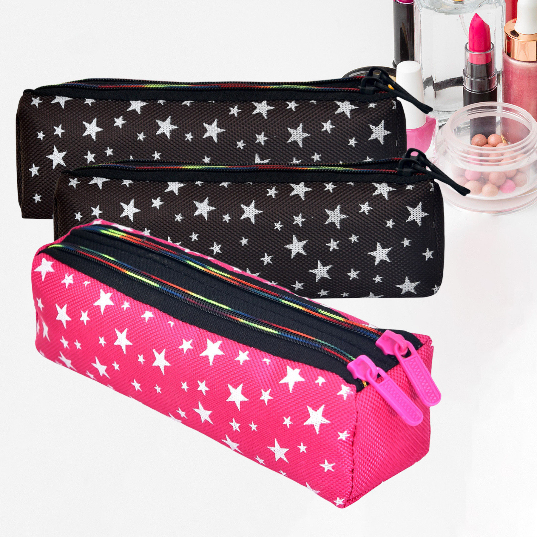 Kuber Industries Makeup Pouch | Rexine Cosmetic Pouch | Jewellery Utility Pouch | Toiletry Pouch for Girls | Travel Makeup Pouch for Girls | Storage Makeup Bag | Star Makeup Pouch | Pack of 3 | Multi