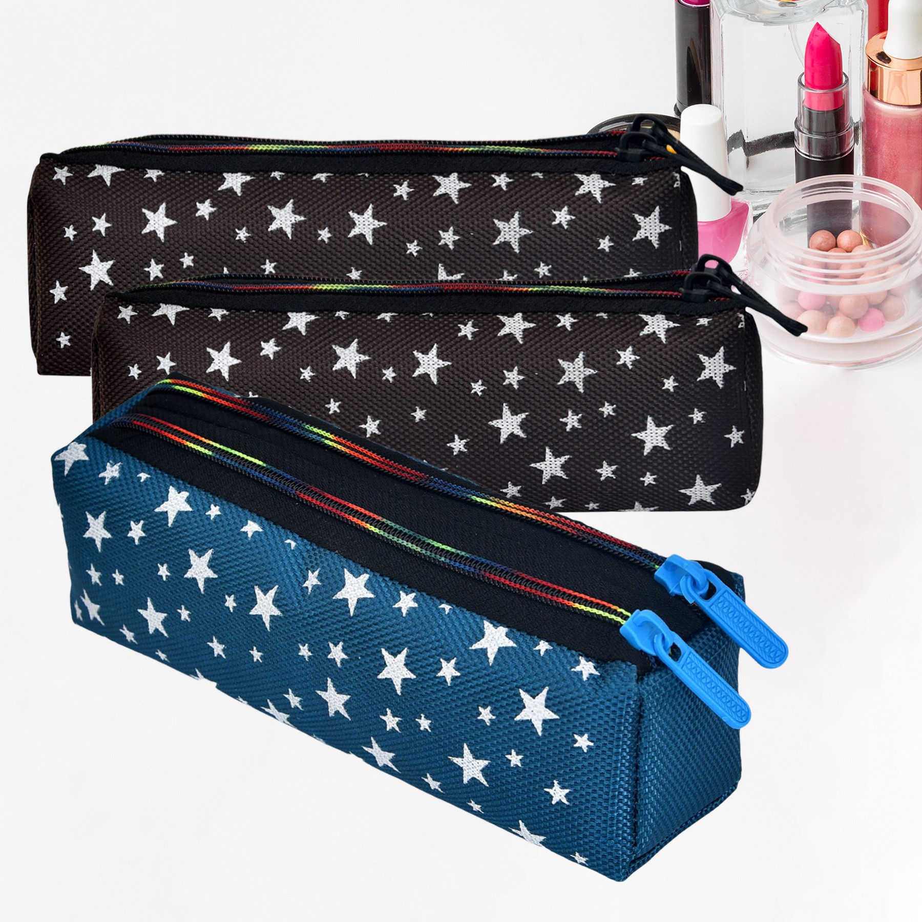 Kuber Industries Makeup Pouch | Rexine Cosmetic Pouch | Jewellery Utility Pouch | Toiletry Pouch for Girls | Travel Makeup Pouch for Girls | Storage Makeup Bag | Star Makeup Pouch | Pack of 3 | Multi