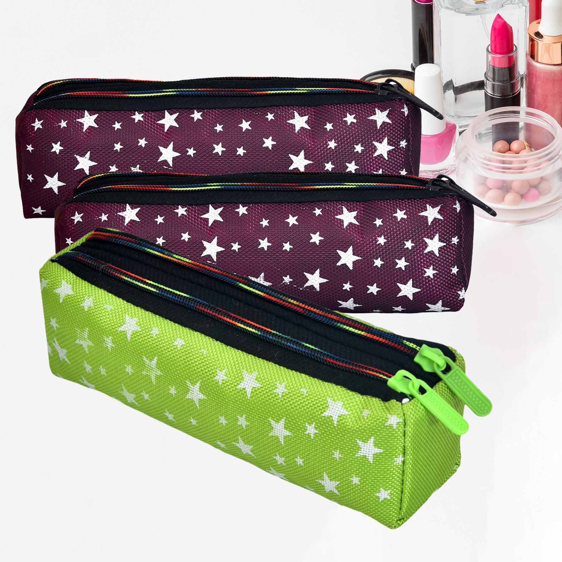 Kuber Industries Makeup Pouch | Rexine Cosmetic Pouch | Jewellery Utility Pouch | Toiletry Pouch for Girls | Travel Makeup Pouch for Girls | Storage Makeup Bag | Star Makeup Pouch | Pack of 3 | Multi