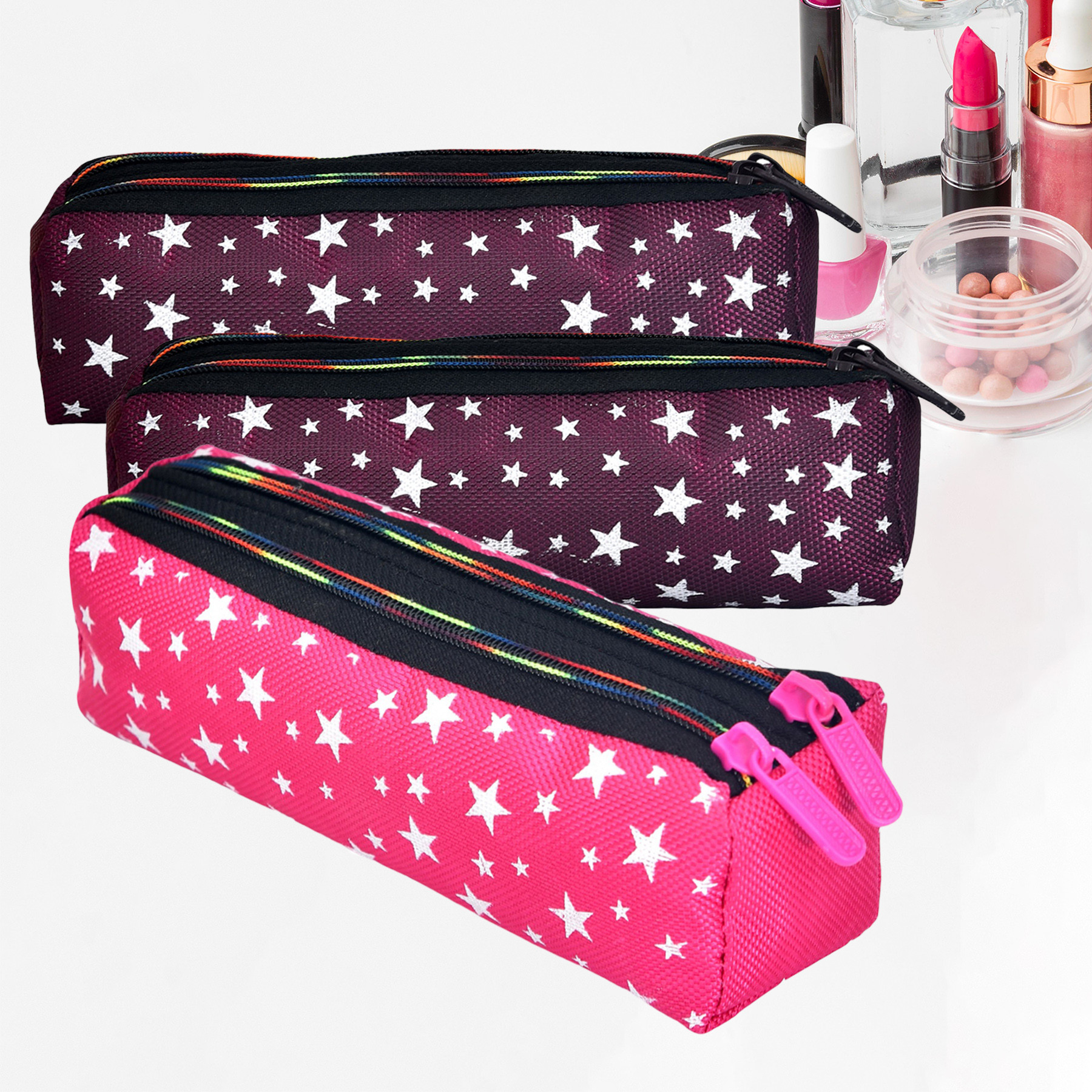 Kuber Industries Makeup Pouch | Rexine Cosmetic Pouch | Jewellery Utility Pouch | Toiletry Pouch for Girls | Travel Makeup Pouch for Girls | Storage Makeup Bag | Star Makeup Pouch | Pack of 3 | Multi