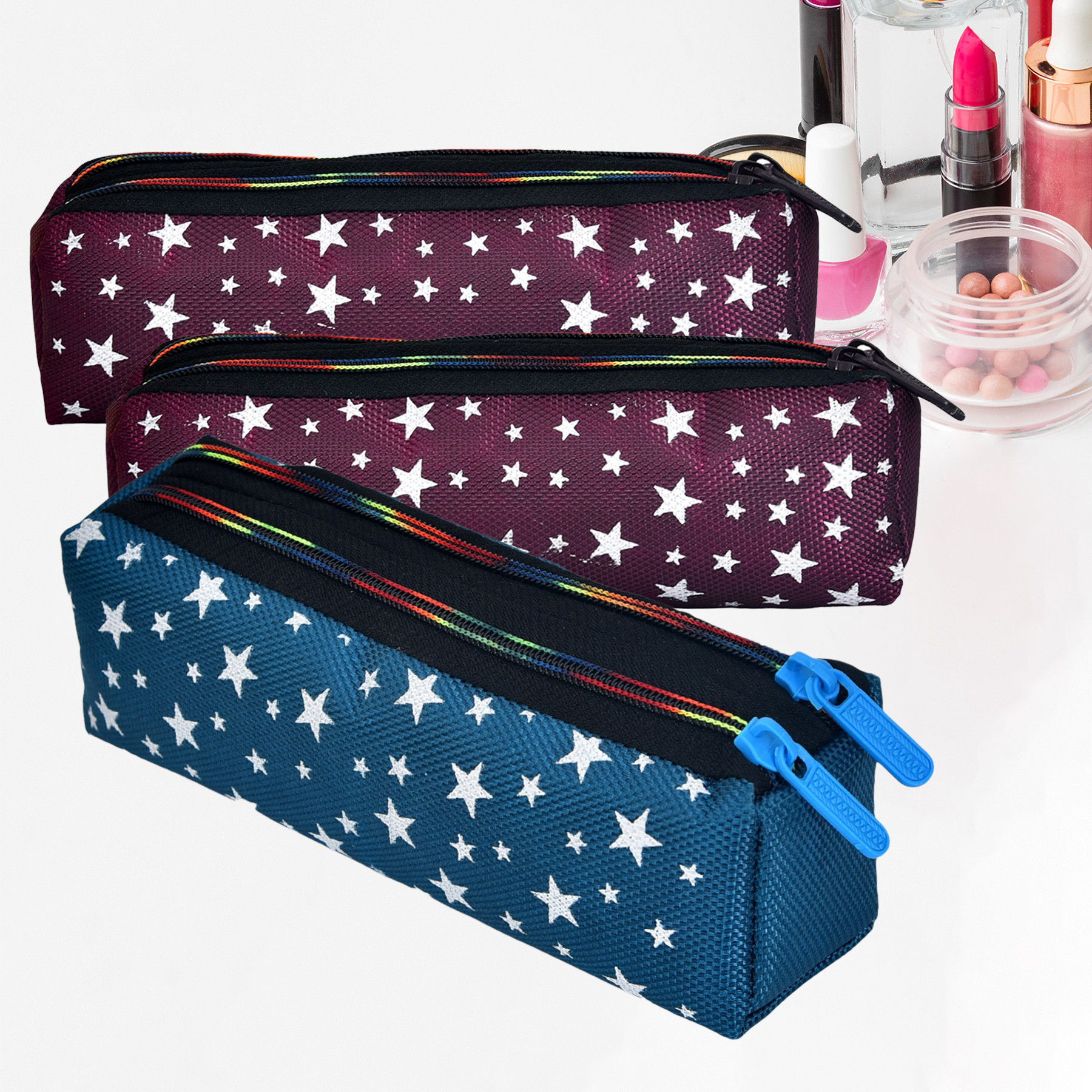 Kuber Industries Makeup Pouch | Rexine Cosmetic Pouch | Jewellery Utility Pouch | Toiletry Pouch for Girls | Travel Makeup Pouch for Girls | Storage Makeup Bag | Star Makeup Pouch | Pack of 3 | Multi