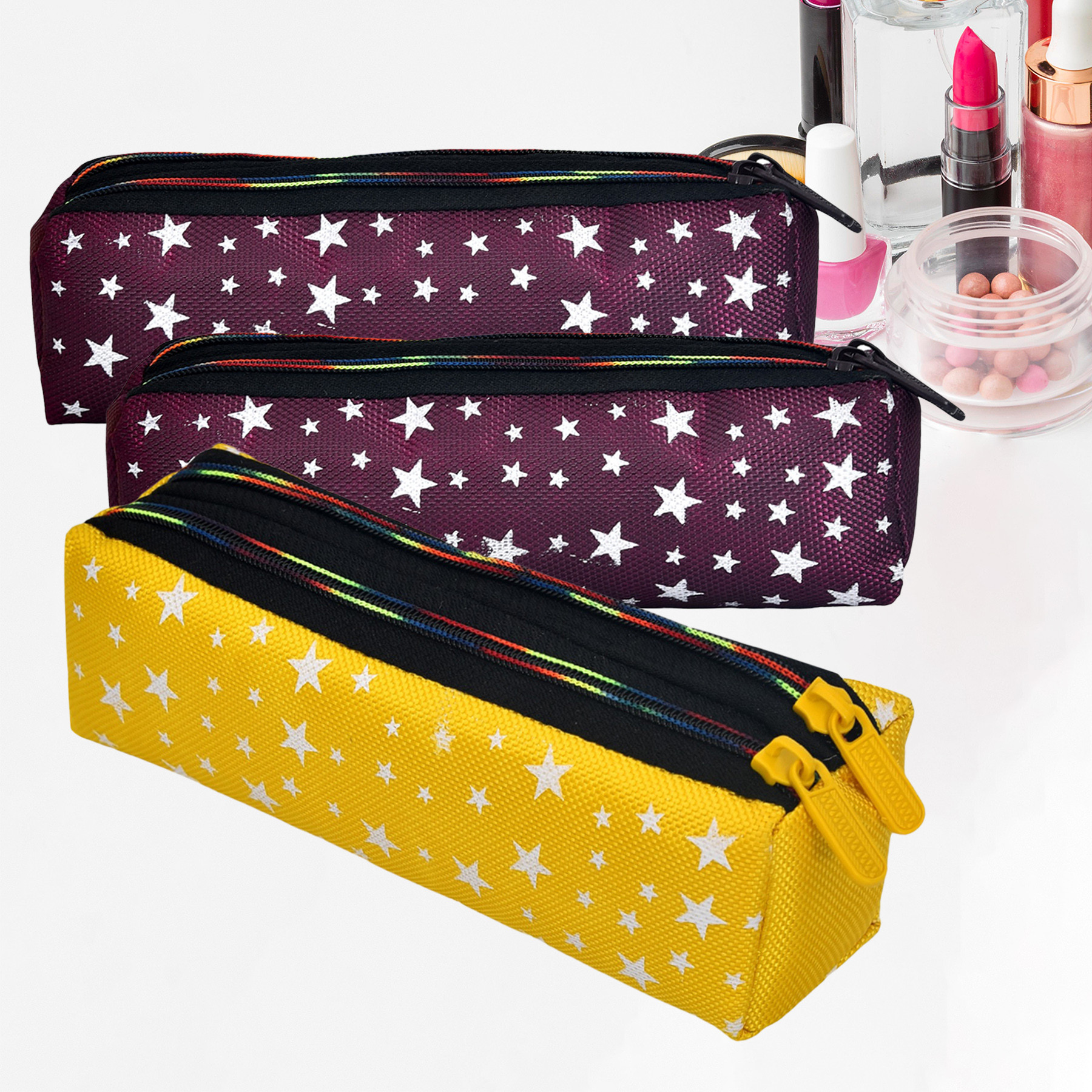 Kuber Industries Makeup Pouch | Rexine Cosmetic Pouch | Jewellery Utility Pouch | Toiletry Pouch for Girls | Travel Makeup Pouch for Girls | Storage Makeup Bag | Star Makeup Pouch | Pack of 3 | Multi