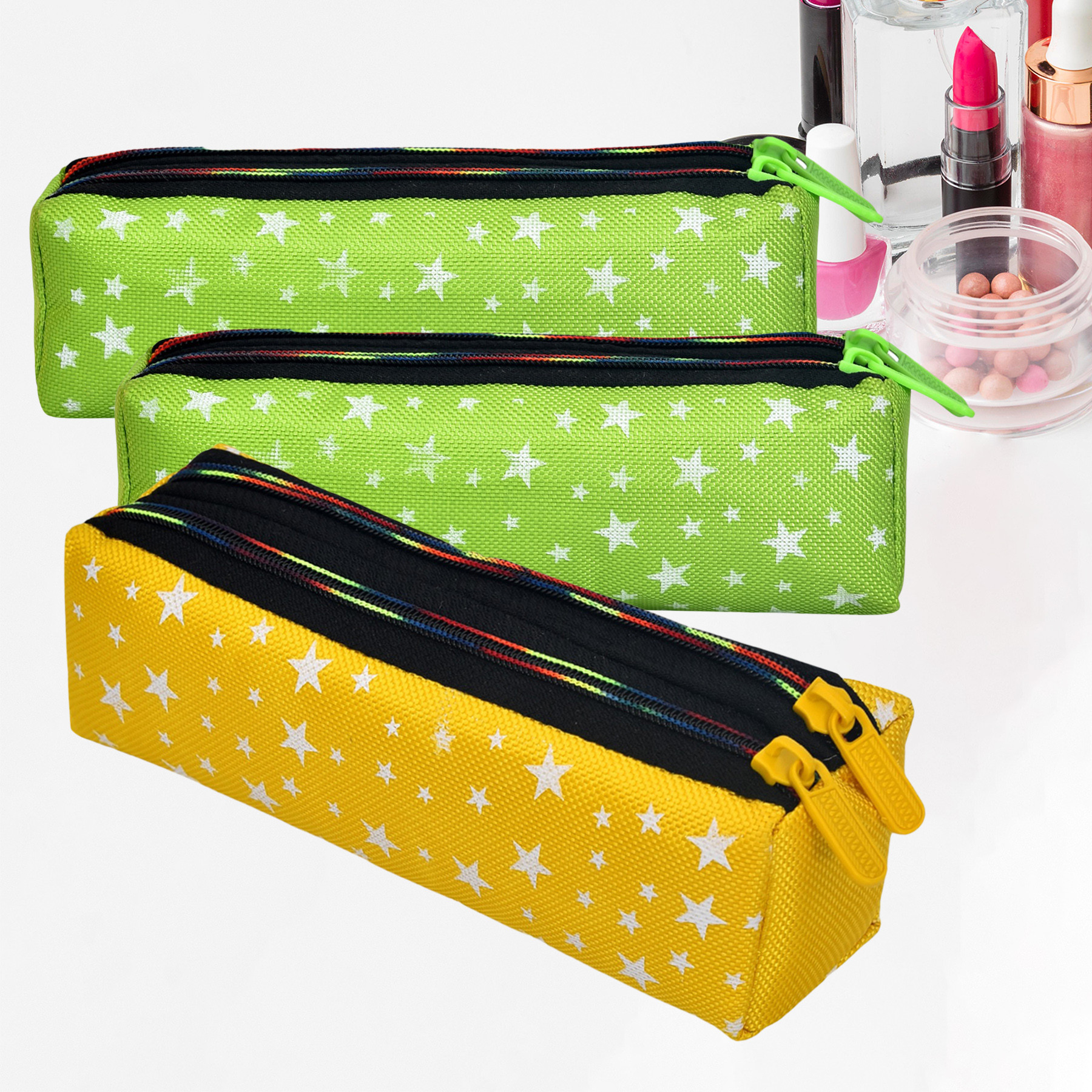 Kuber Industries Makeup Pouch | Rexine Cosmetic Pouch | Jewellery Utility Pouch | Toiletry Pouch for Girls | Travel Makeup Pouch for Girls | Storage Makeup Bag | Star Makeup Pouch | Pack of 3 | Multi