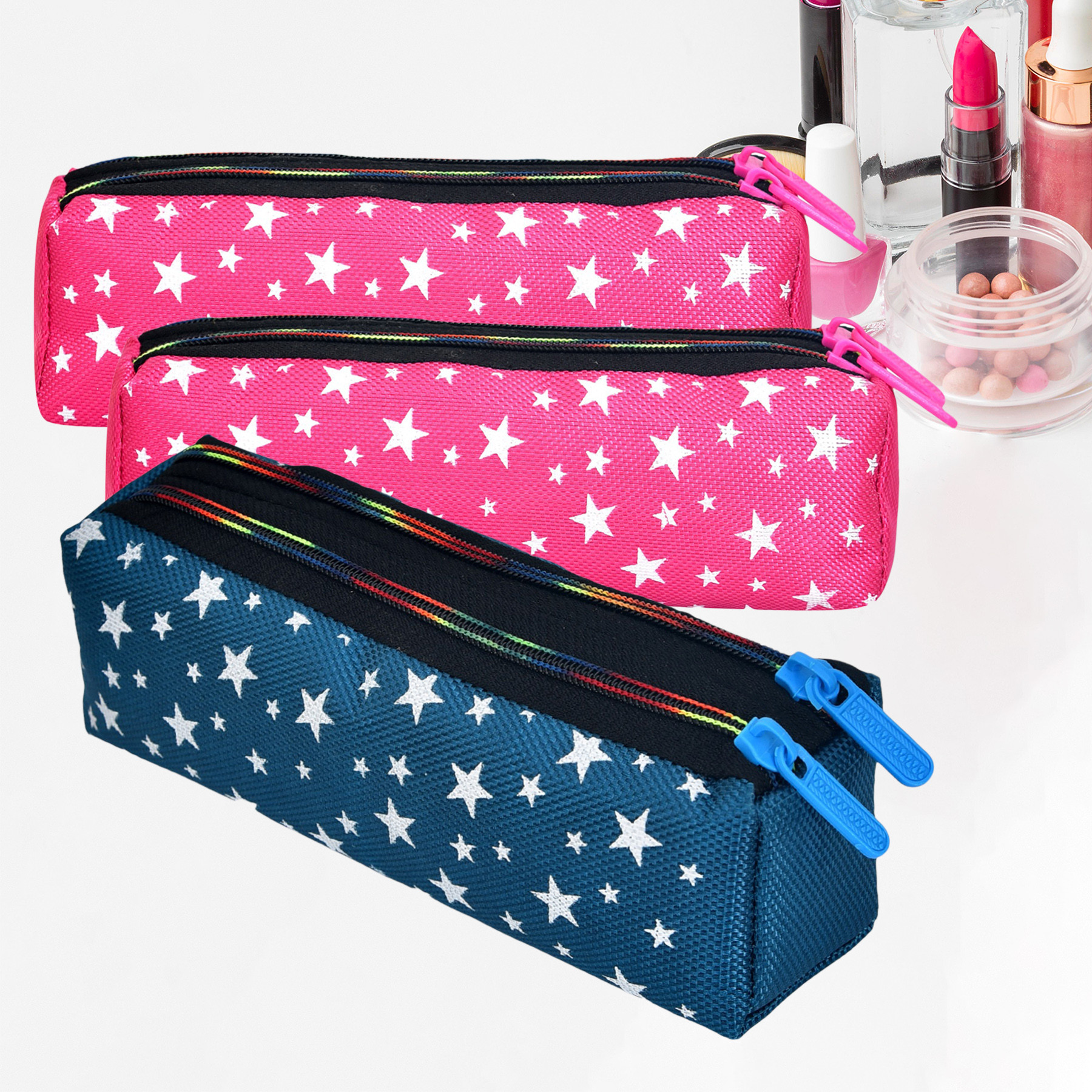 Kuber Industries Makeup Pouch | Rexine Cosmetic Pouch | Jewellery Utility Pouch | Toiletry Pouch for Girls | Travel Makeup Pouch for Girls | Storage Makeup Bag | Star Makeup Pouch | Pack of 3 | Multi