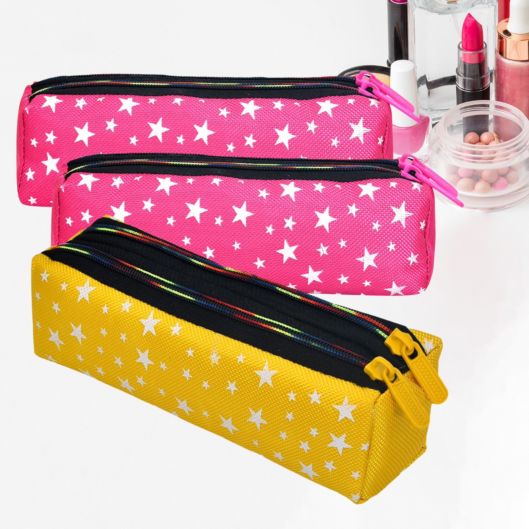 Kuber Industries Makeup Pouch | Rexine Cosmetic Pouch | Jewellery Utility Pouch | Toiletry Pouch for Girls | Travel Makeup Pouch for Girls | Storage Makeup Bag | Star Makeup Pouch | Pack of 3 | Multi