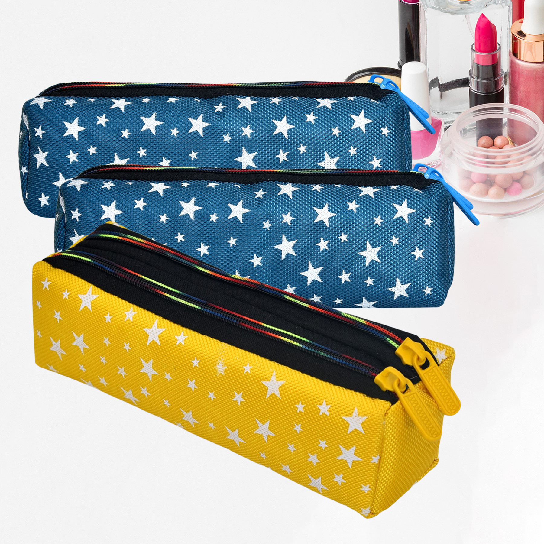 Kuber Industries Makeup Pouch | Rexine Cosmetic Pouch | Jewellery Utility Pouch | Toiletry Pouch for Girls | Travel Makeup Pouch for Girls | Storage Makeup Bag | Star Makeup Pouch | Pack of 3 | Multi