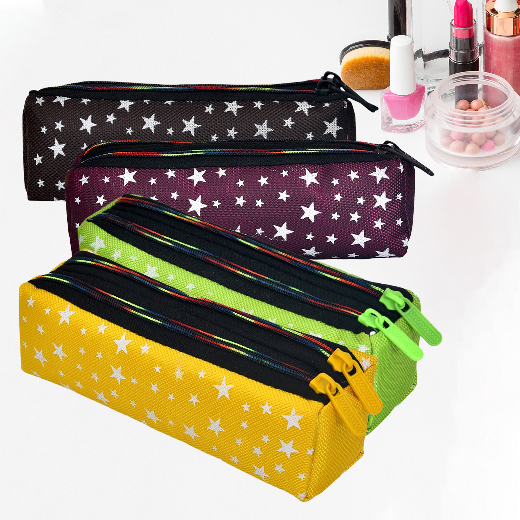 Kuber Industries Makeup Pouch | Rexine Cosmetic Pouch | Jewellery Utility Pouch | Toiletry Pouch for Girls | Travel Makeup Pouch for Girls | Storage Makeup Bag | Star Makeup Pouch | Pack of 4 | Multi