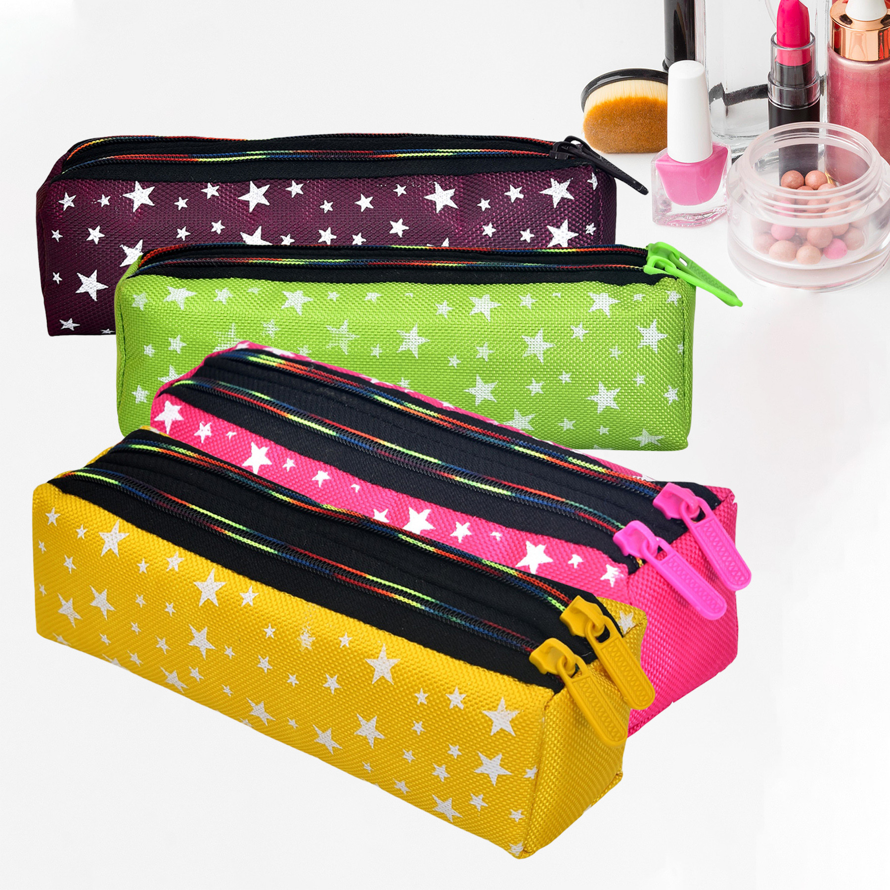 Kuber Industries Makeup Pouch | Rexine Cosmetic Pouch | Jewellery Utility Pouch | Toiletry Pouch for Girls | Travel Makeup Pouch for Girls | Storage Makeup Bag | Star Makeup Pouch | Pack of 4 | Multi