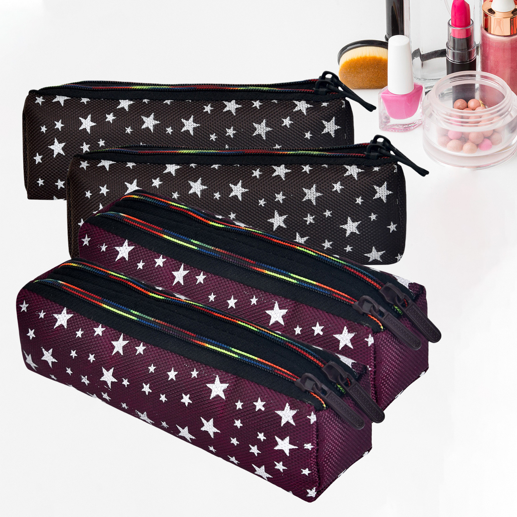 Kuber Industries Makeup Pouch | Rexine Cosmetic Pouch | Jewellery Utility Pouch | Toiletry Pouch for Girls | Travel Makeup Pouch for Girls | Storage Makeup Bag | Star Makeup Pouch | Pack of 4 | Multi