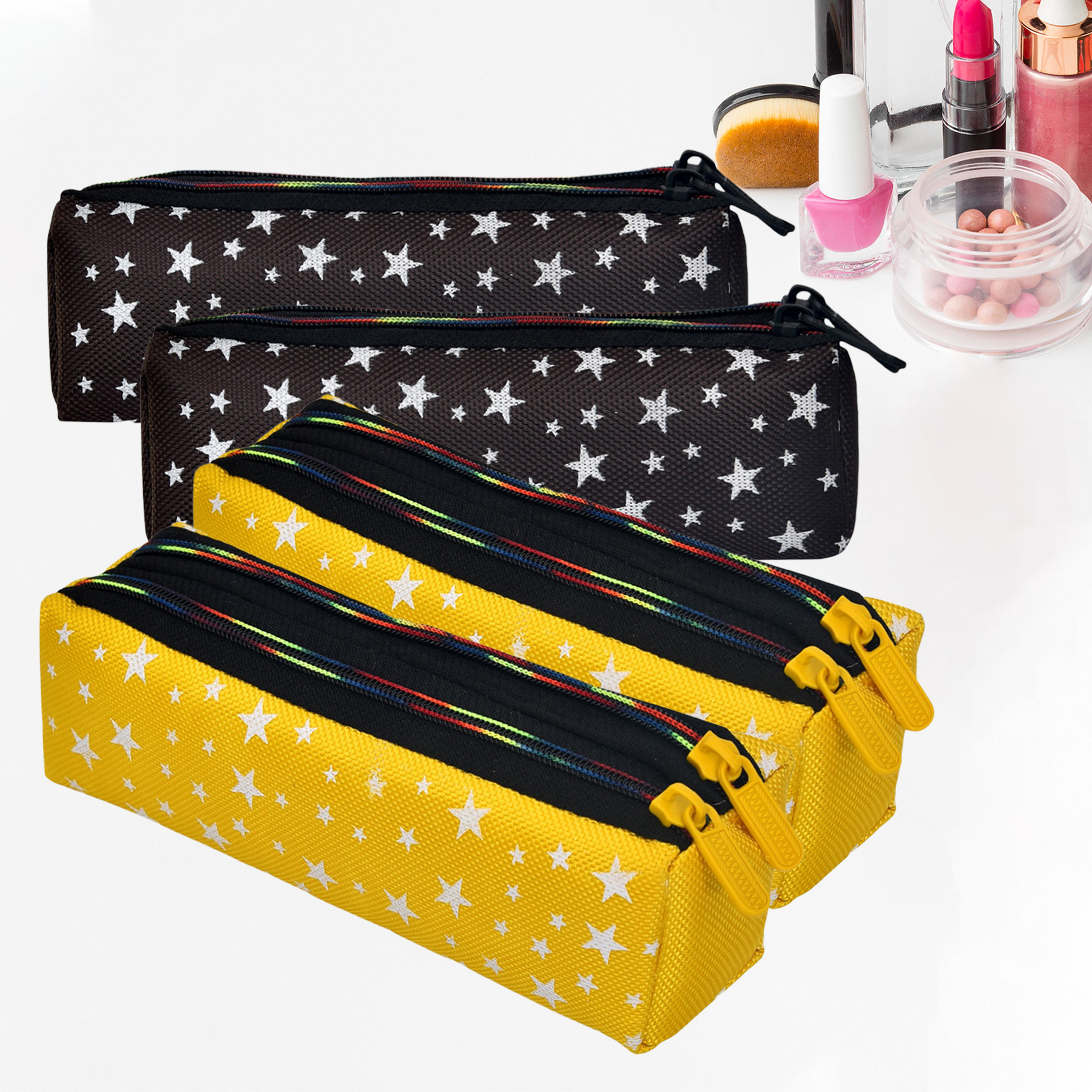 Kuber Industries Makeup Pouch | Rexine Cosmetic Pouch | Jewellery Utility Pouch | Toiletry Pouch for Girls | Travel Makeup Pouch for Girls | Storage Makeup Bag | Star Makeup Pouch | Pack of 4 | Multi