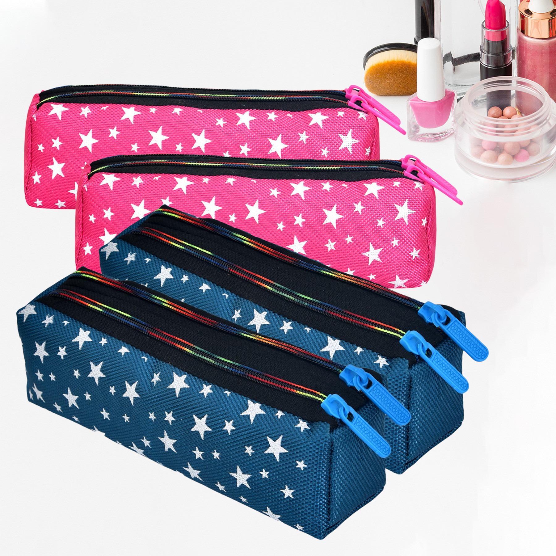 Kuber Industries Makeup Pouch | Rexine Cosmetic Pouch | Jewellery Utility Pouch | Toiletry Pouch for Girls | Travel Makeup Pouch for Girls | Storage Makeup Bag | Star Makeup Pouch | Pack of 4 | Multi