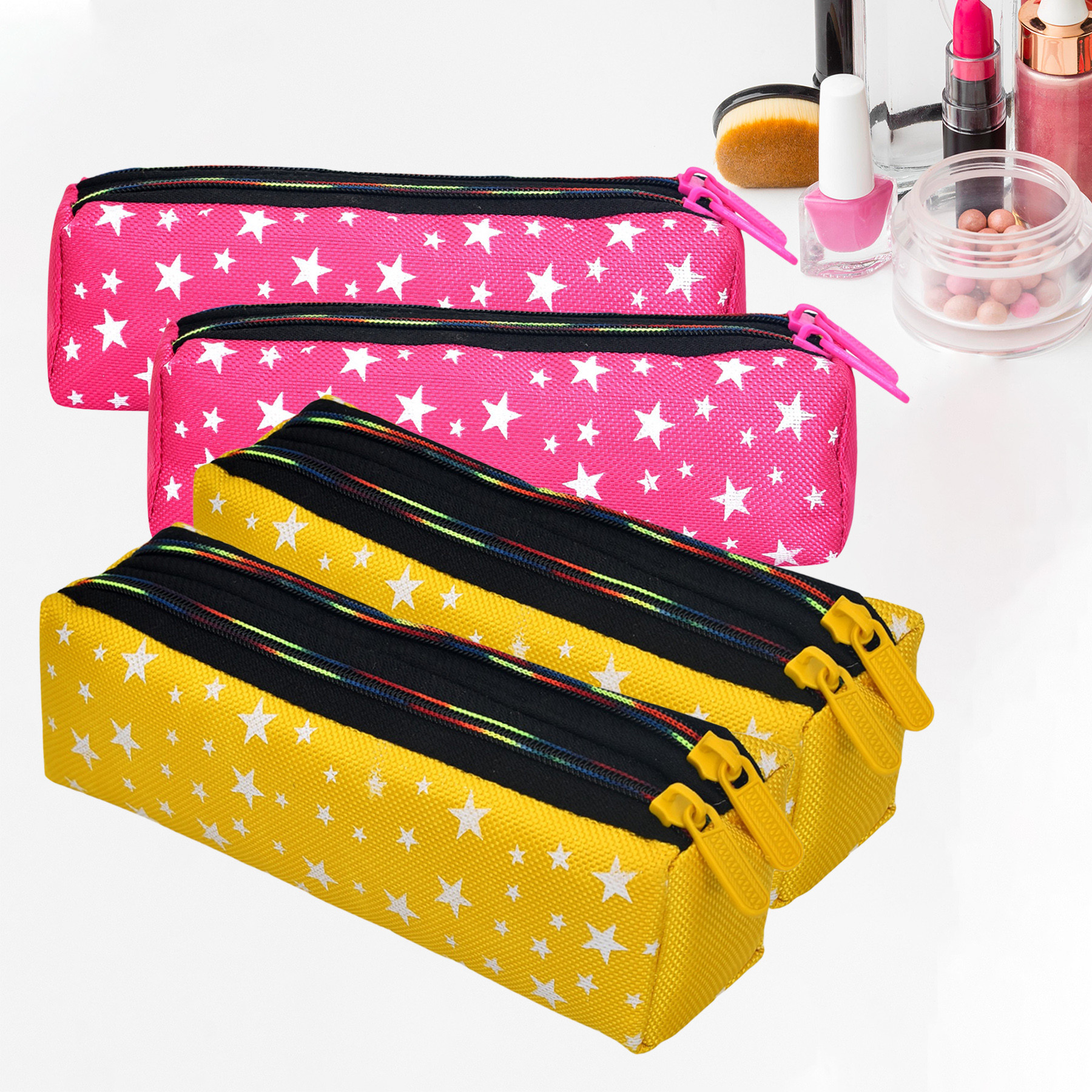 Kuber Industries Makeup Pouch | Rexine Cosmetic Pouch | Jewellery Utility Pouch | Toiletry Pouch for Girls | Travel Makeup Pouch for Girls | Storage Makeup Bag | Star Makeup Pouch | Pack of 4 | Multi