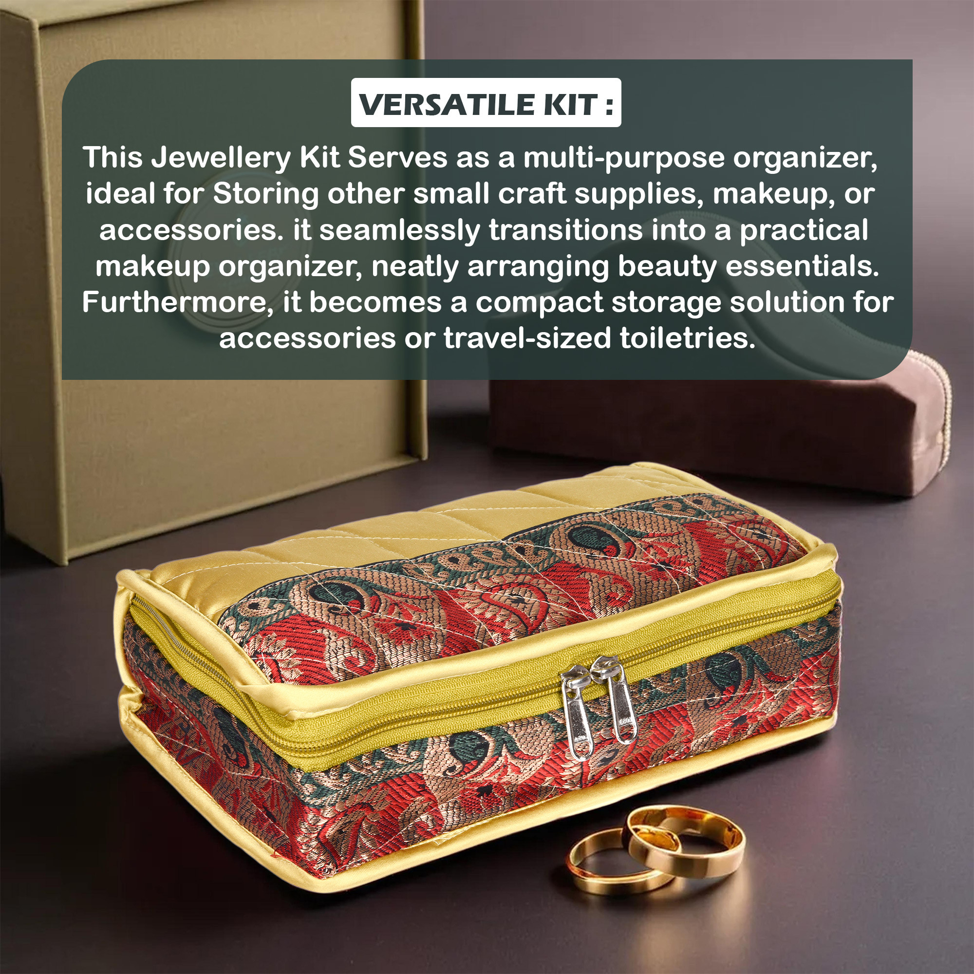 Kuber Industries Makeup Storage Bag  Cosmetic Kit for Travel  Vanity Organizer for Woman  Gifting Locker Kit  4 Pouch Makeup Kit  Gota-Lace Makeup Kit  Golden