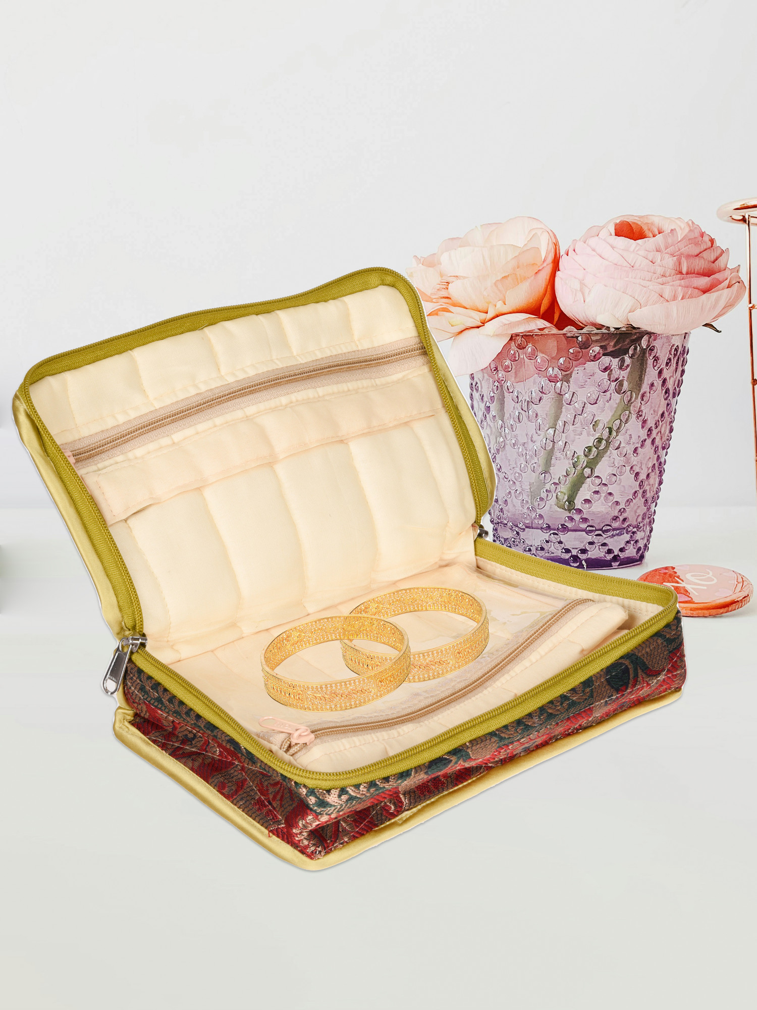 Kuber Industries Makeup Storage Bag  Cosmetic Kit for Travel  Vanity Organizer for Woman  Gifting Locker Kit  4 Pouch Makeup Kit  Gota-Lace Makeup Kit  Golden