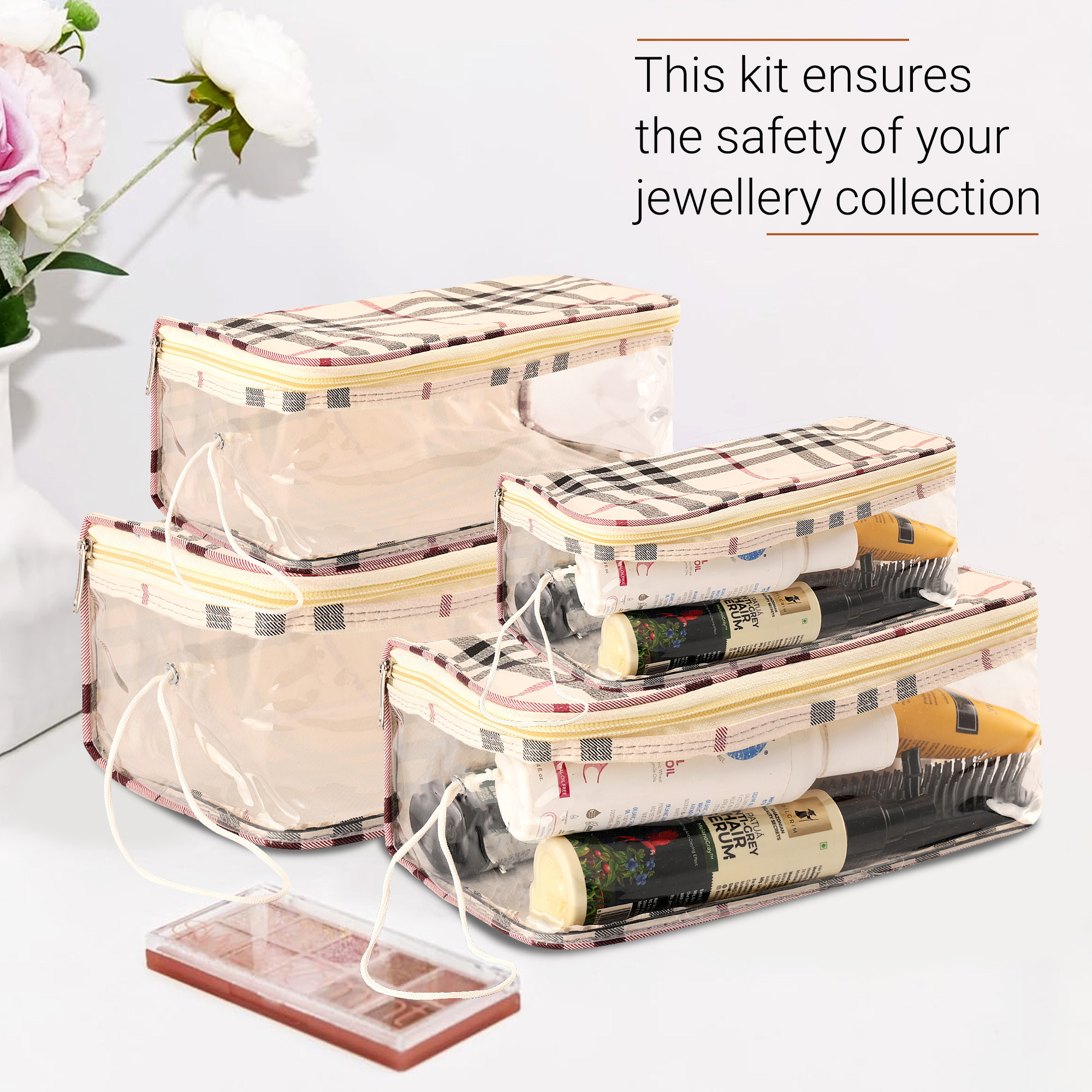 Kuber Industries Makeup Storage Bag  Cosmetic Storage Box  Jewellery Box for Women  Travel Pouch  Transparent Makeup kit  4 Different Pouch  Check-Dori Vanity Pouch  Cream
