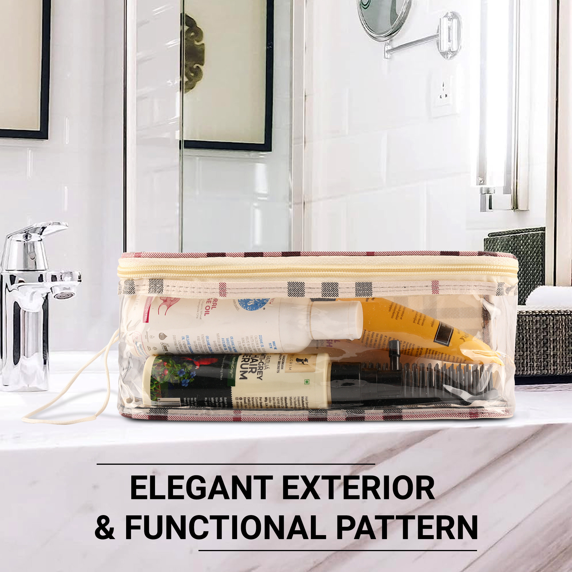 Kuber Industries Makeup Storage Bag  Cosmetic Storage Box  Jewellery Box for Women  Travel Pouch  Transparent Makeup kit  4 Different Pouch  Check-Dori Vanity Pouch  Cream