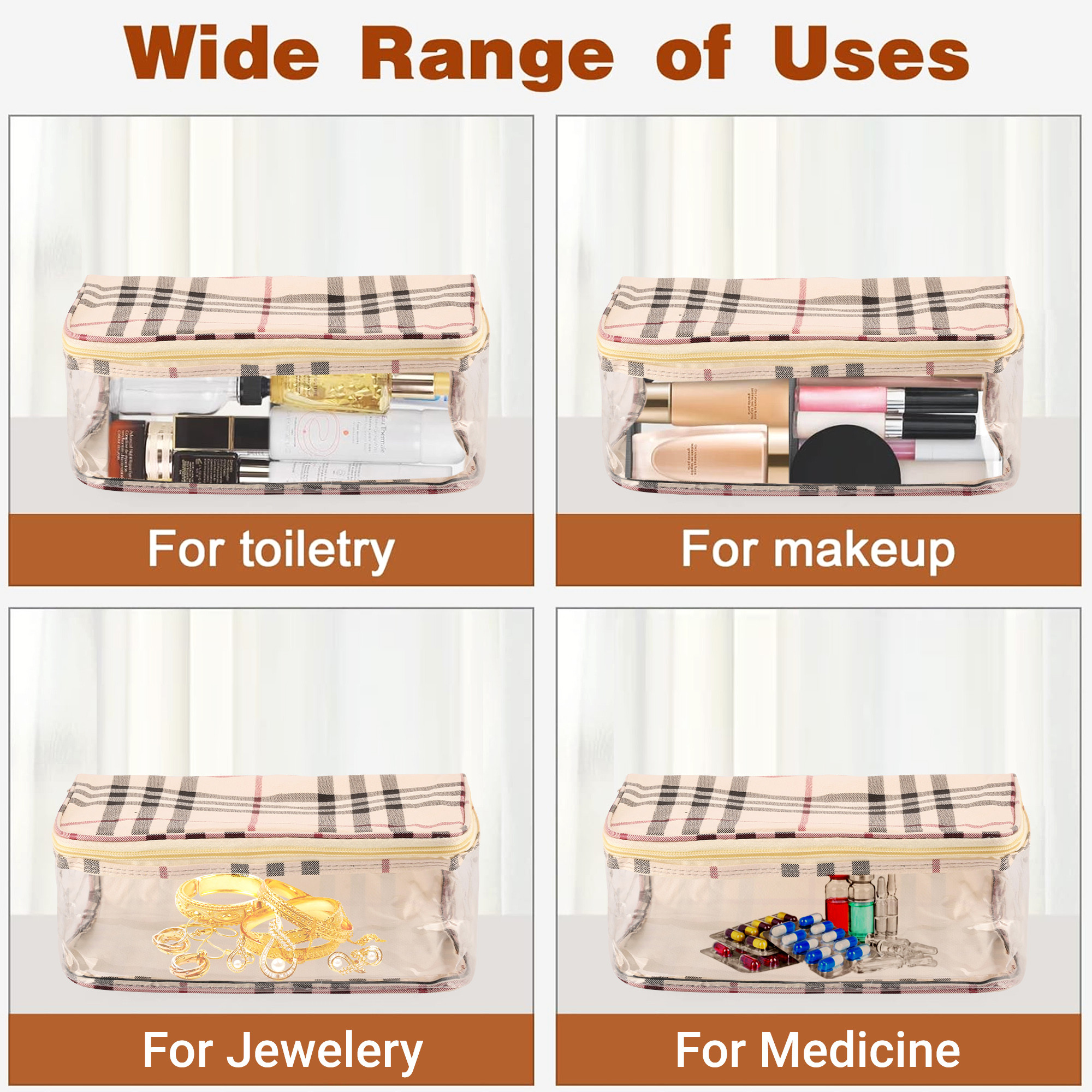 Kuber Industries Makeup Storage Bag  Cosmetic Storage Box  Jewellery Box for Women  Travel Pouch  Transparent Makeup kit  4 Different Pouch  Check-Dori Vanity Pouch  Cream