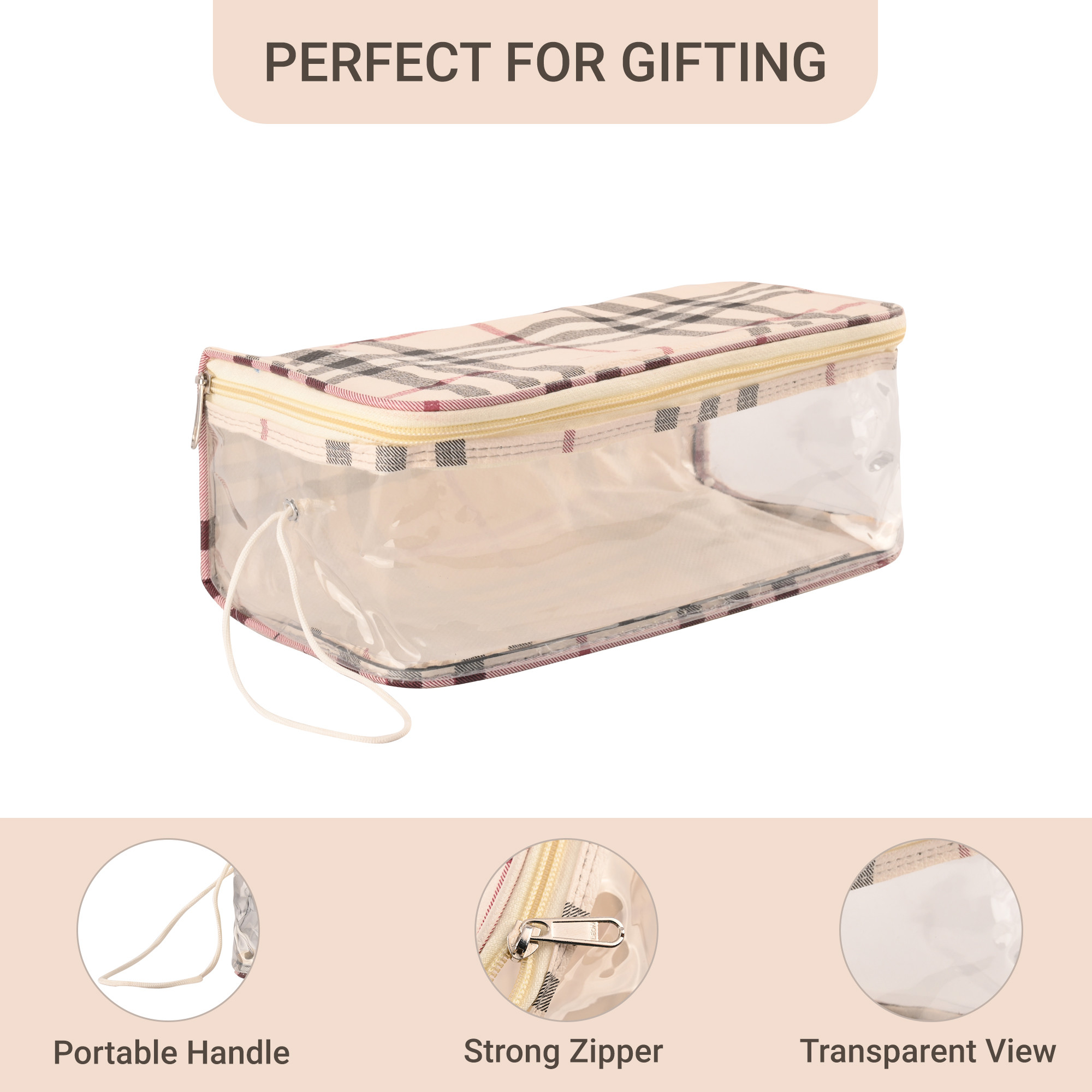 Kuber Industries Makeup Storage Bag  Cosmetic Storage Box  Jewellery Box for Women  Travel Pouch  Transparent Makeup kit  4 Different Pouch  Check-Dori Vanity Pouch  Cream
