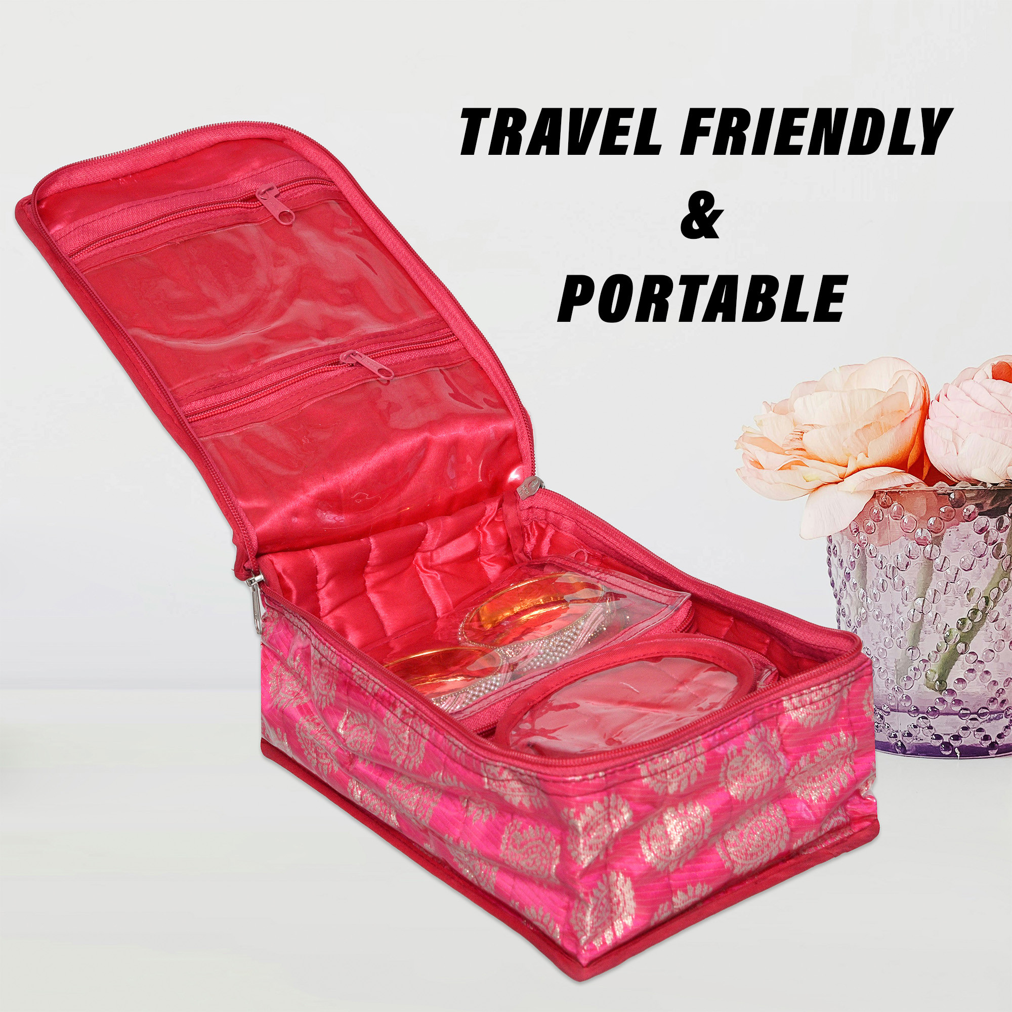 Kuber Industries Makeup Storage Bag  Locker Makeup Kit  Cosmetic Kit for Travel  Makeup Kit for Woman  12 Detachable Pouch  Carry Jama Jewellery Organizer  Pink