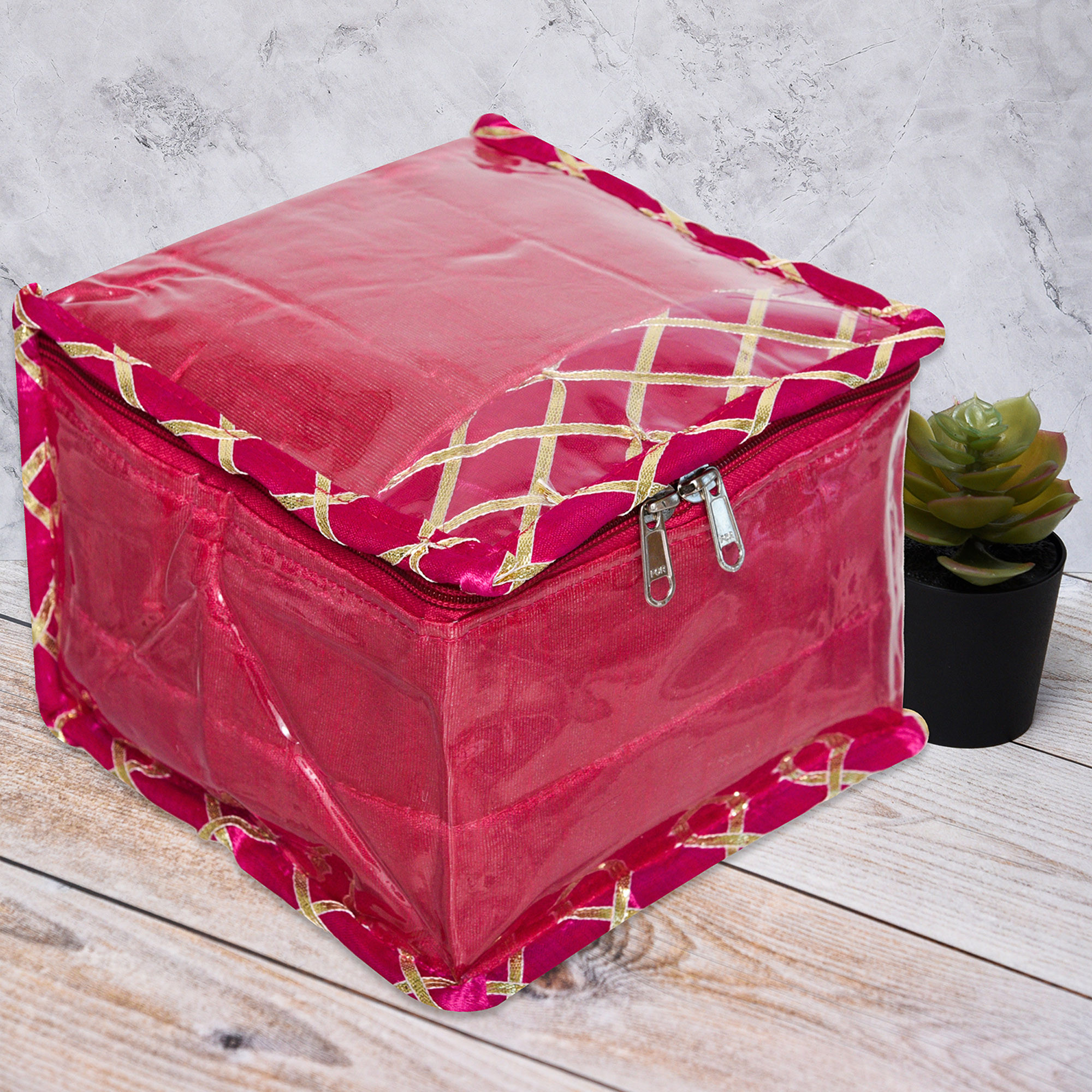 Kuber Industries Makeup Storage Bag  Locker Makeup Kit  Cosmetic Kit for Travel  Makeup Kit for Woman  10 Detachable Pouch  Gota Check Jewellery Organizer  Small  Pink