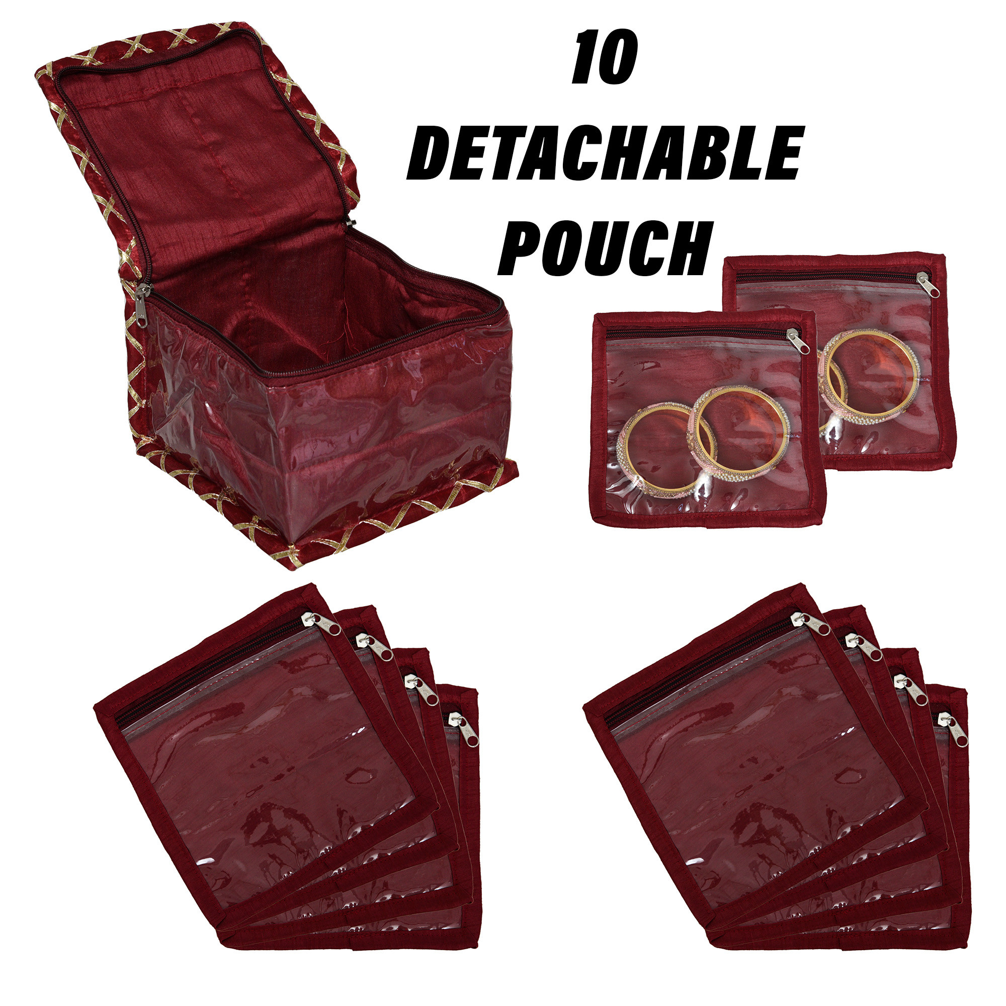 Kuber Industries Makeup Storage Bag  Locker Makeup Kit  Cosmetic Kit for Travel  Makeup Kit for Woman  10 Detachable Pouch  Gota Check Jewellery Organizer  Small  Maroon