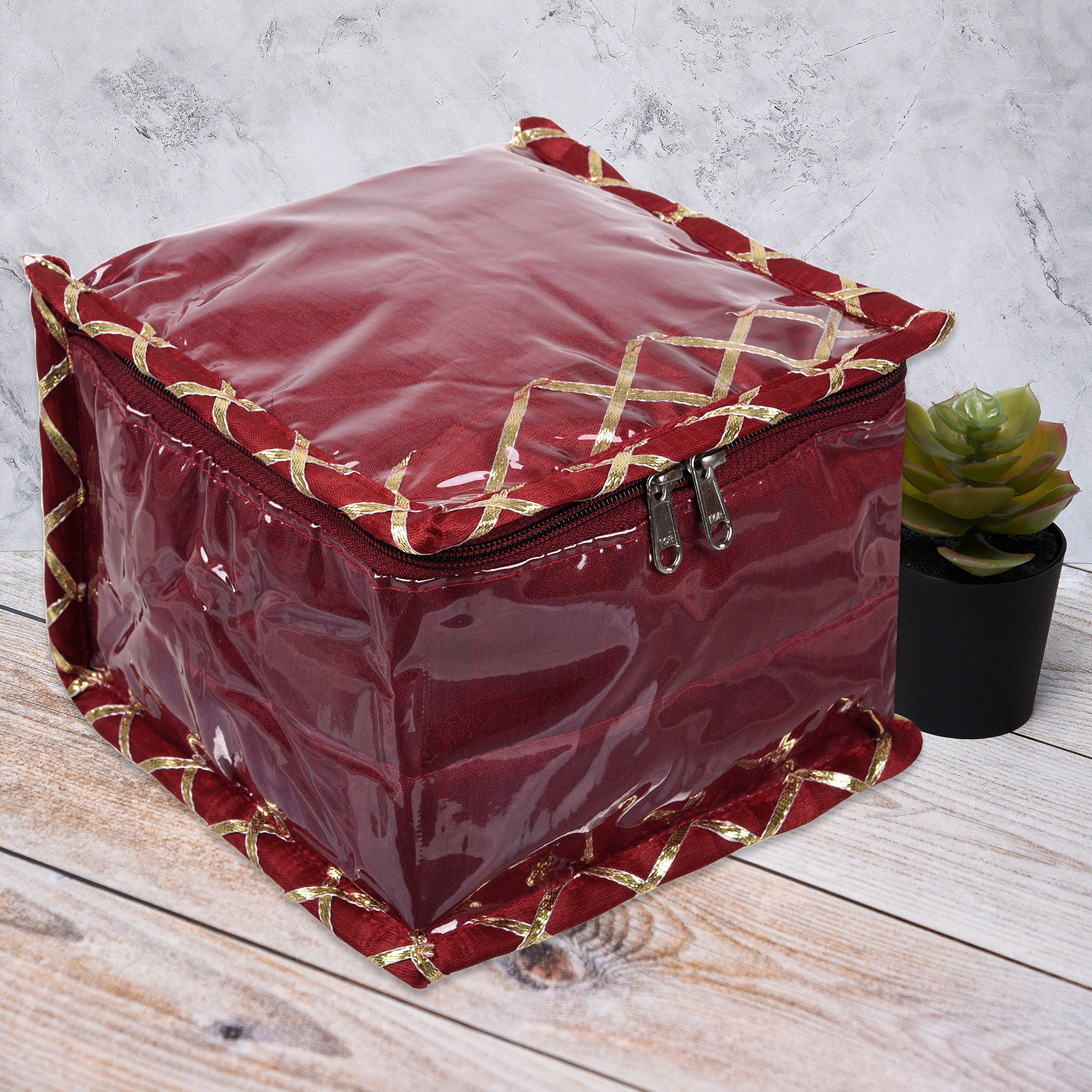 Kuber Industries Makeup Storage Bag  Locker Makeup Kit  Cosmetic Kit for Travel  Makeup Kit for Woman  10 Detachable Pouch  Gota Check Jewellery Organizer  Small  Maroon