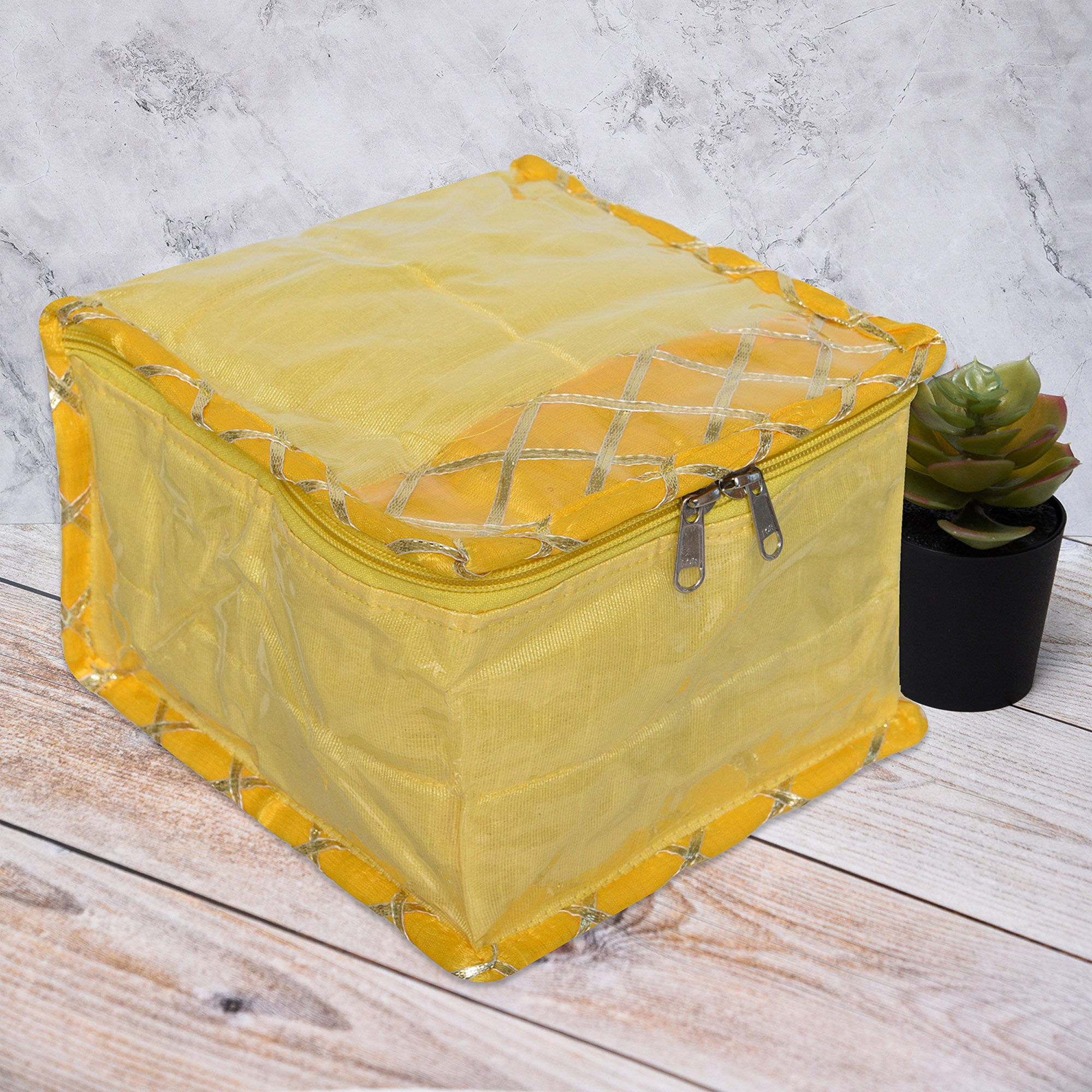 Kuber Industries Makeup Storage Bag  Locker Makeup Kit  Cosmetic Kit for Travel  Makeup Kit for Woman  10 Detachable Pouch  Gota Check Jewellery Organizer  Small  Yellow