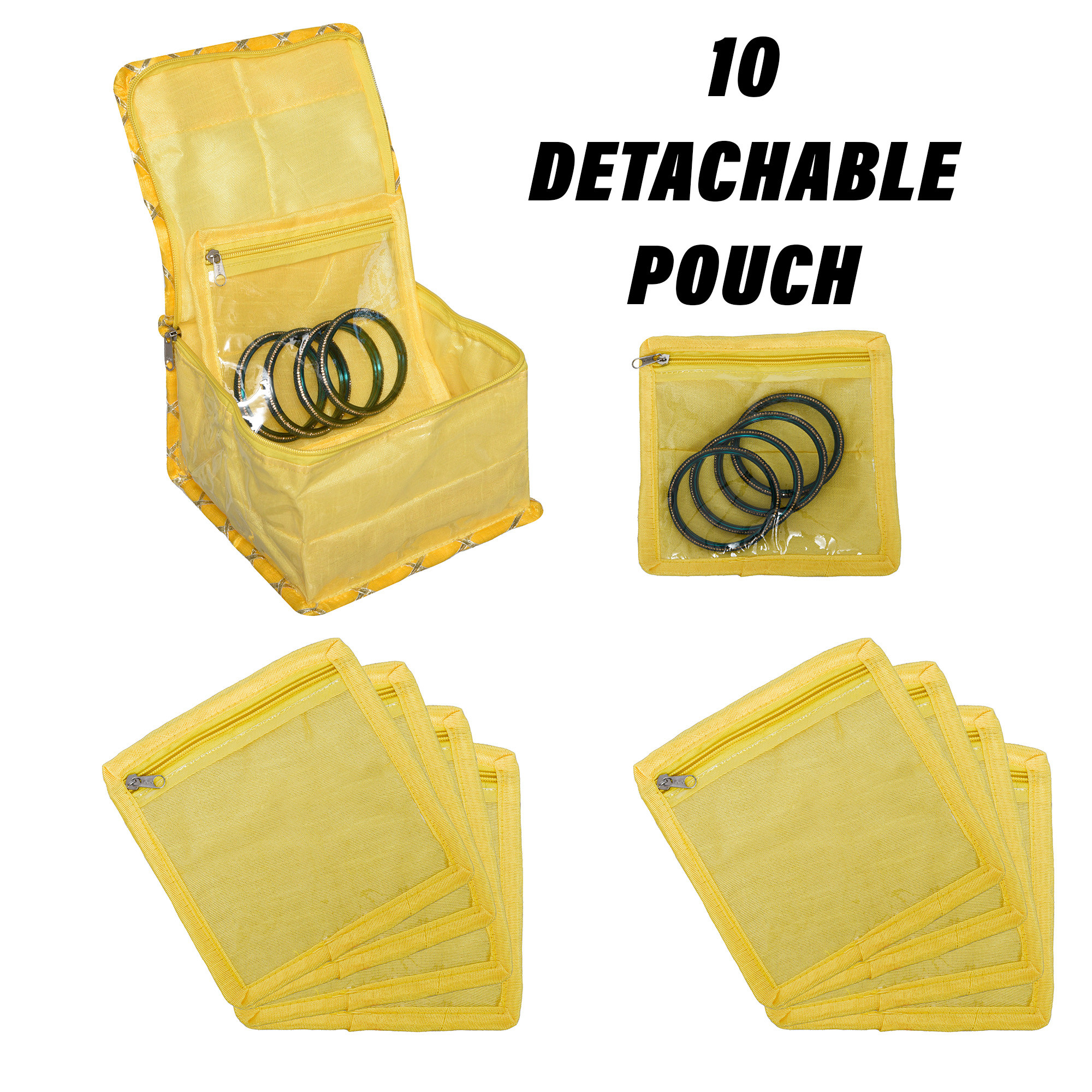 Kuber Industries Makeup Storage Bag | Locker Makeup Kit | Cosmetic Kit for Travel | Makeup Kit for Woman | 10 Detachable Pouch | Gota Check Jewellery Organizer | Small | Yellow