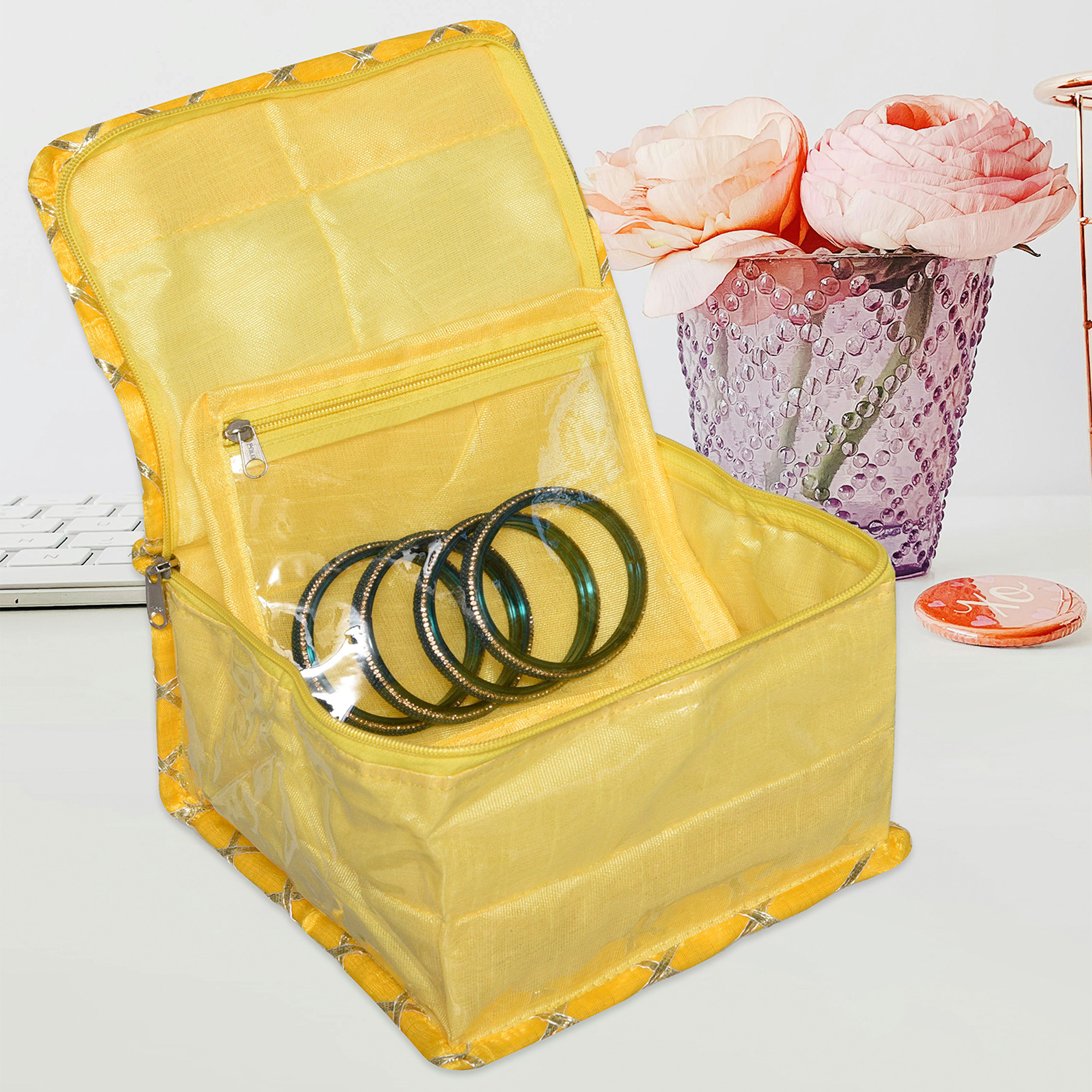 Kuber Industries Makeup Storage Bag | Locker Makeup Kit | Cosmetic Kit for Travel | Makeup Kit for Woman | 10 Detachable Pouch | Gota Check Jewellery Organizer | Small | Yellow
