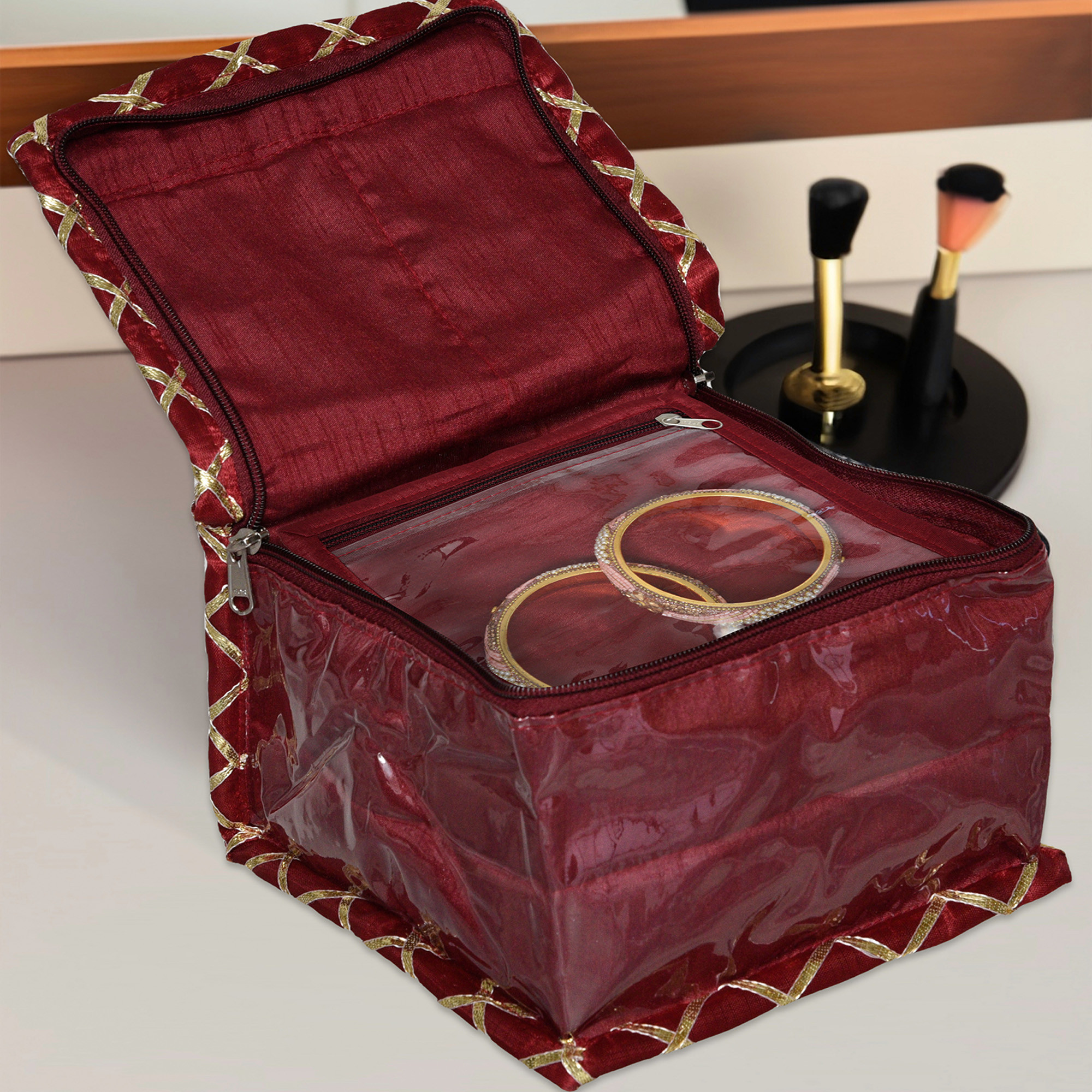 Kuber Industries Makeup Storage Bag | Locker Makeup Kit | Cosmetic Kit for Travel | Makeup Kit for Woman | 10 Detachable Pouch | Gota Check Jewellery Organizer | Small | Maroon