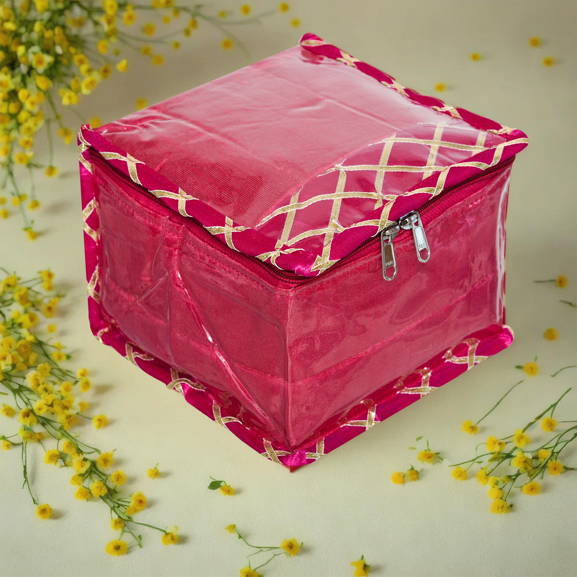Kuber Industries Makeup Storage Bag | Locker Makeup Kit | Cosmetic Kit for Travel | Makeup Kit for Woman | 10 Detachable Pouch | Gota Check Jewellery Organizer | Small | Pink
