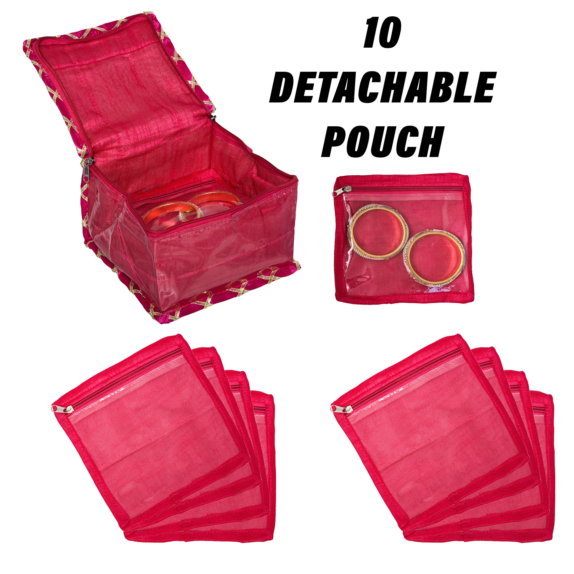 Kuber Industries Makeup Storage Bag | Locker Makeup Kit | Cosmetic Kit for Travel | Makeup Kit for Woman | 10 Detachable Pouch | Gota Check Jewellery Organizer | Small | Pink