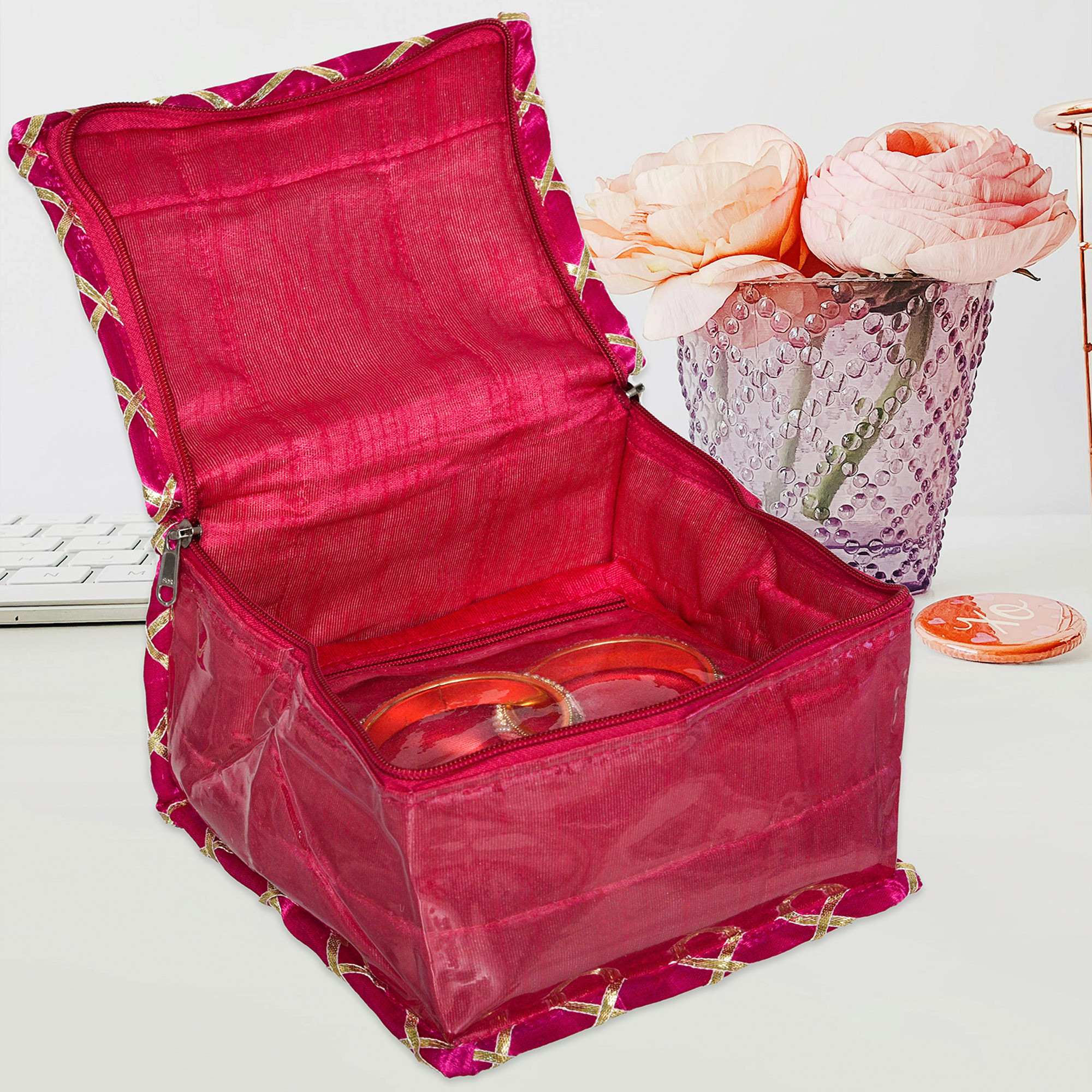 Kuber Industries Makeup Storage Bag | Locker Makeup Kit | Cosmetic Kit for Travel | Makeup Kit for Woman | 10 Detachable Pouch | Gota Check Jewellery Organizer | Small | Pink