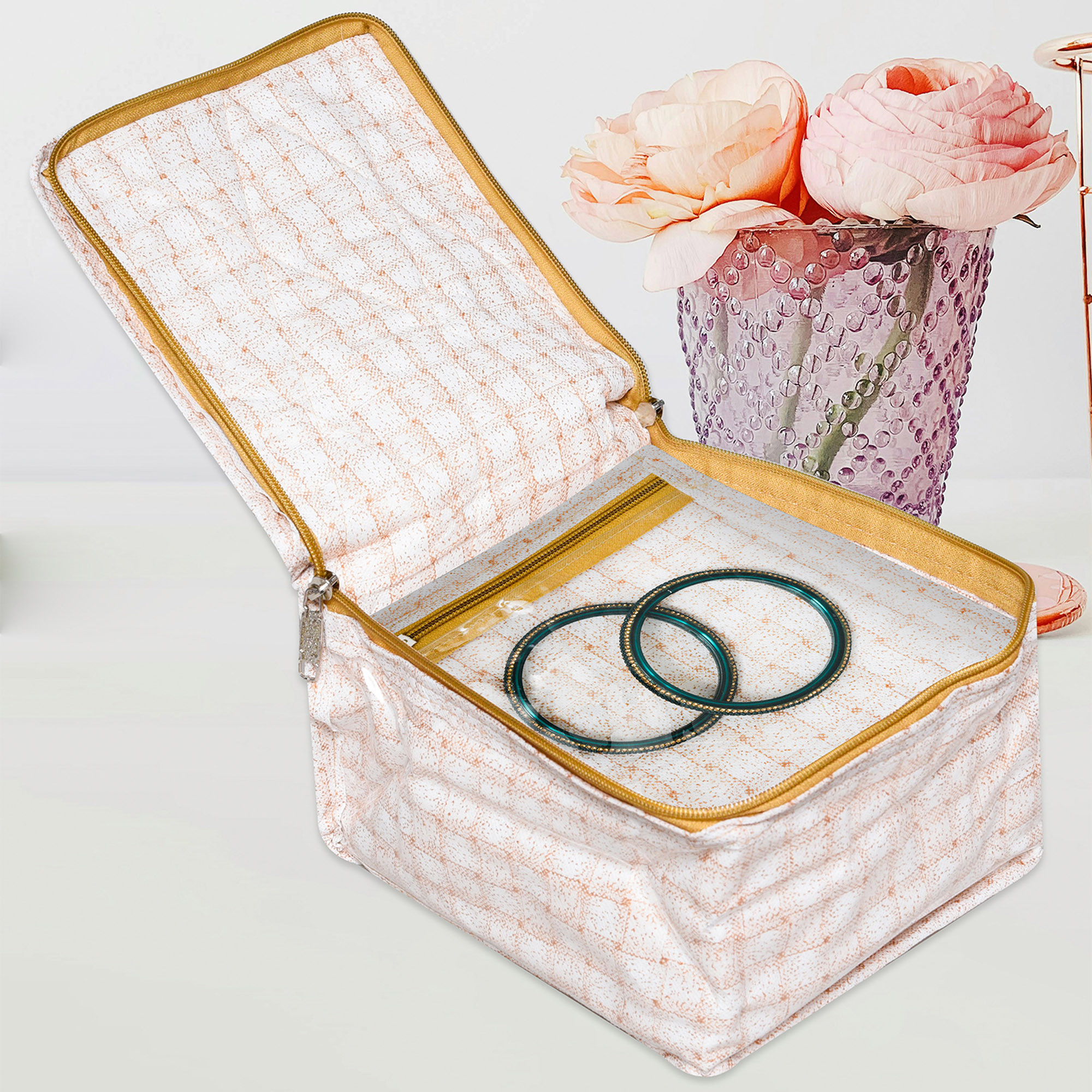 Kuber Industries Makeup Storage Bag | Locker Makeup Kit | Cosmetic Kit for Travel | Makeup Kit for Woman | 10 Detachable Pouch | Check Jewellery Organizer | Small | Golden