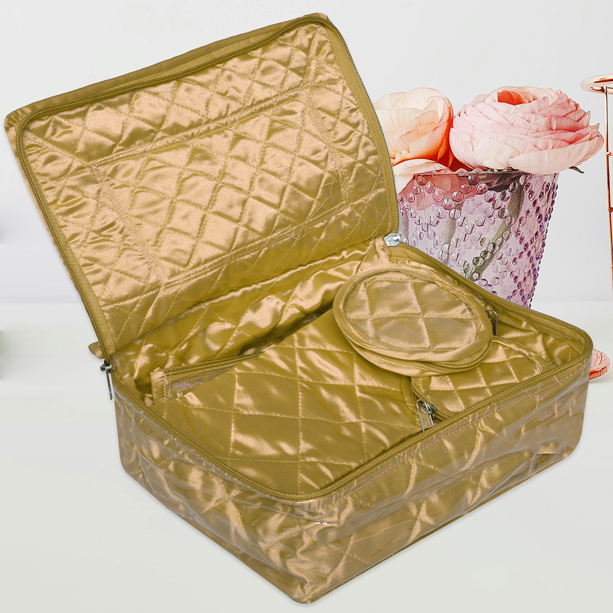 Kuber Industries Makeup Storage Bag  Vanity Organizer  Locker Makeup Kit  Cosmetic Organizer for Travel  Makeup Kit for Woman  12 Detachable Pouch  Frill Jewellery Organizer  Golden