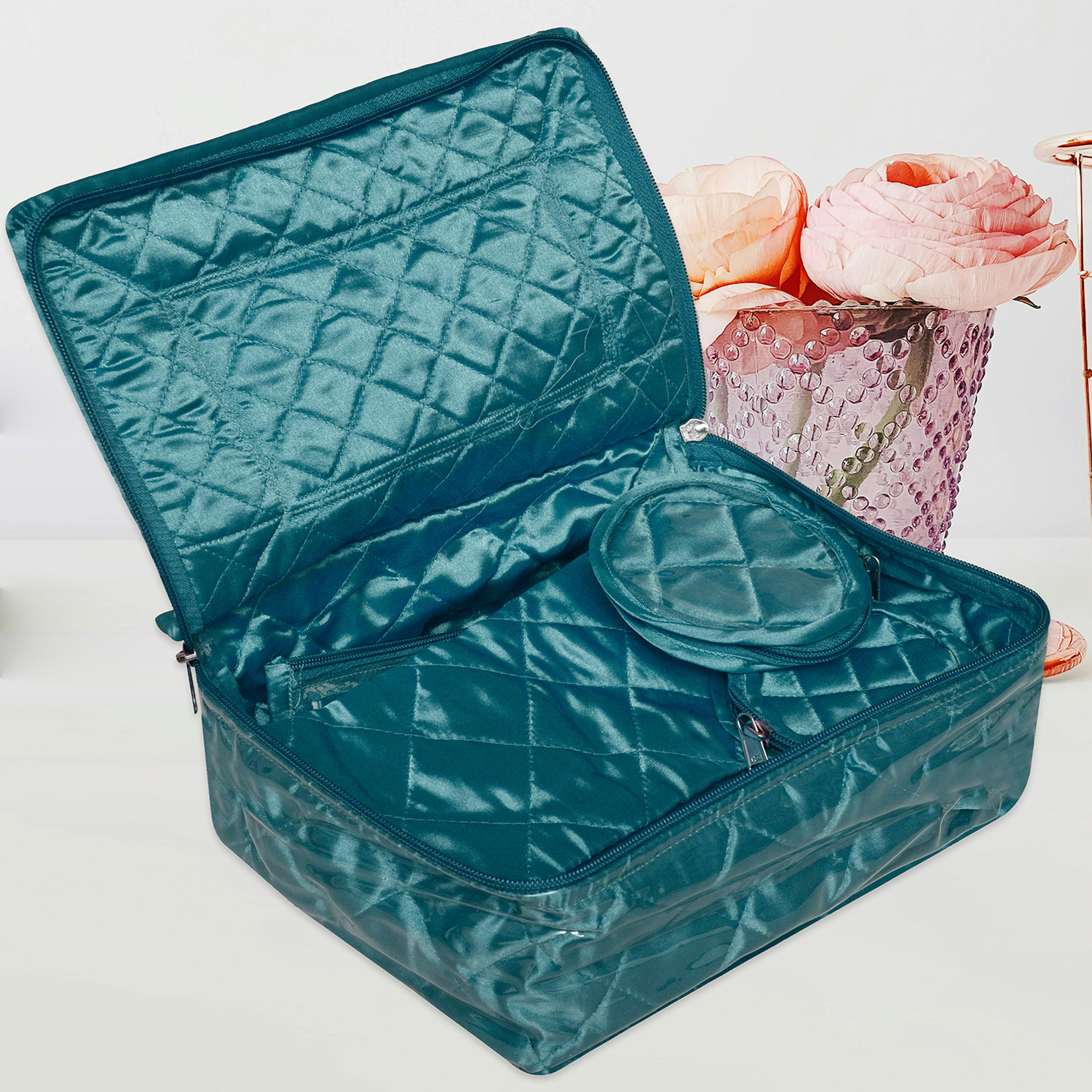 Kuber Industries Makeup Storage Bag  Vanity Organizer  Locker Makeup Kit  Cosmetic Organizer for Travel  Makeup Kit for Woman  12 Detachable Pouch  Frill Jewellery Organizer  Green