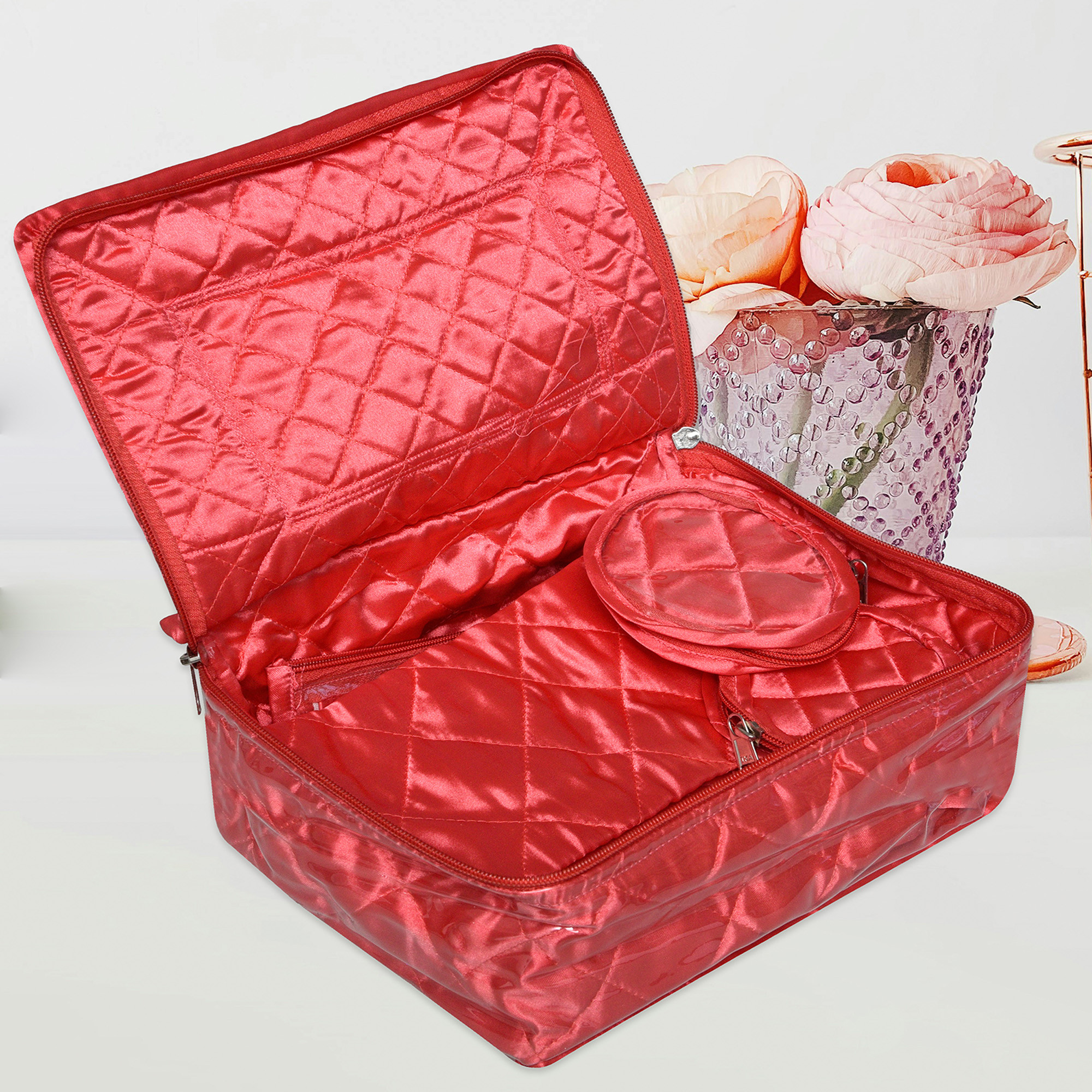 Kuber Industries Makeup Storage Bag  Vanity Organizer  Locker Makeup Kit  Cosmetic Organizer for Travel  Makeup Kit for Woman  12 Detachable Pouch  Frill Jewellery Organizer  Peach