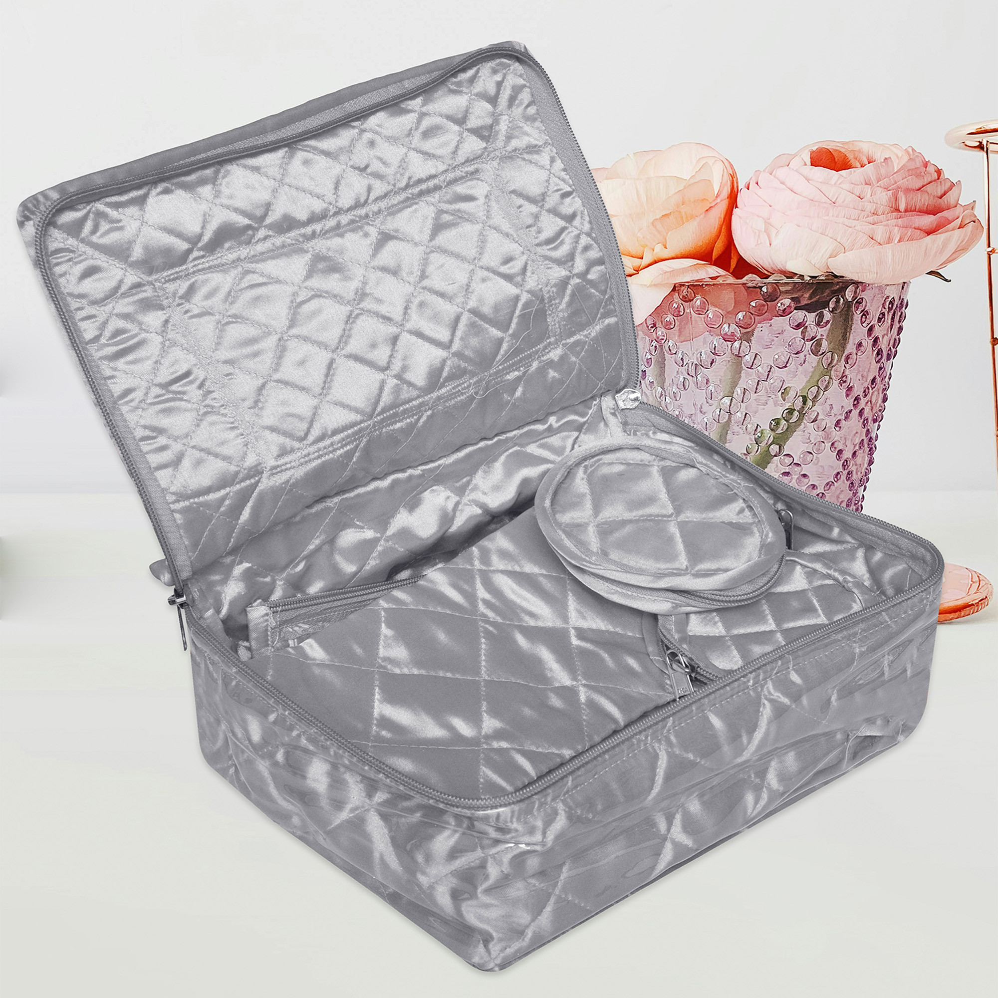 Kuber Industries Makeup Storage Bag  Vanity Organizer  Locker Makeup Kit  Cosmetic Organizer for Travel  Makeup Kit for Woman  12 Detachable Pouch  Frill Jewellery Organizer  Gray