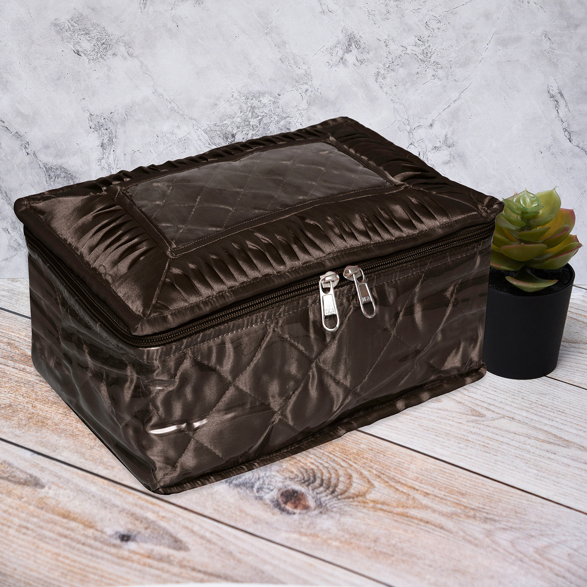 Kuber Industries Makeup Storage Bag  Vanity Organizer  Locker Makeup Kit  Cosmetic Organizer for Travel  Makeup Kit for Woman  12 Detachable Pouch  Frill Jewellery Organizer  Brown