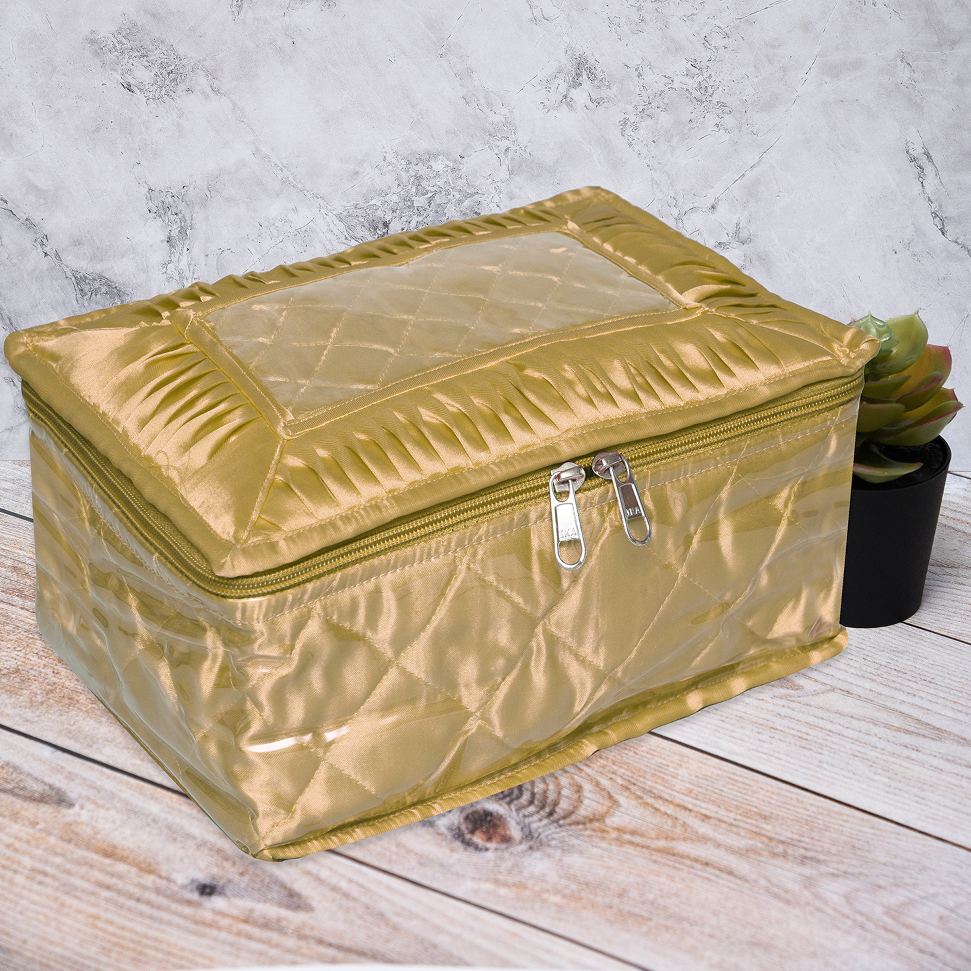 Kuber Industries Makeup Storage Bag  Vanity Organizer  Locker Makeup Kit  Cosmetic Organizer for Travel  Makeup Kit for Woman  12 Detachable Pouch  Frill Jewellery Organizer  Golden