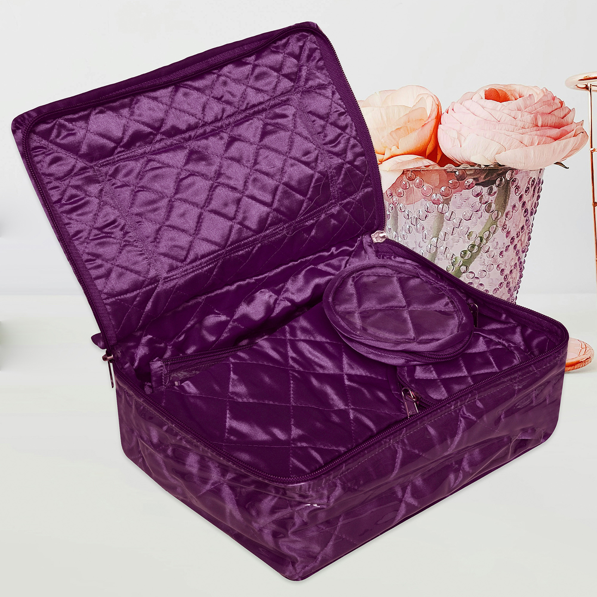 Kuber Industries Makeup Storage Bag | Vanity Organizer | Locker Makeup Kit | Cosmetic Organizer for Travel | Makeup Kit for Woman | 12 Detachable Pouch | Frill Jewellery Organizer | Purple