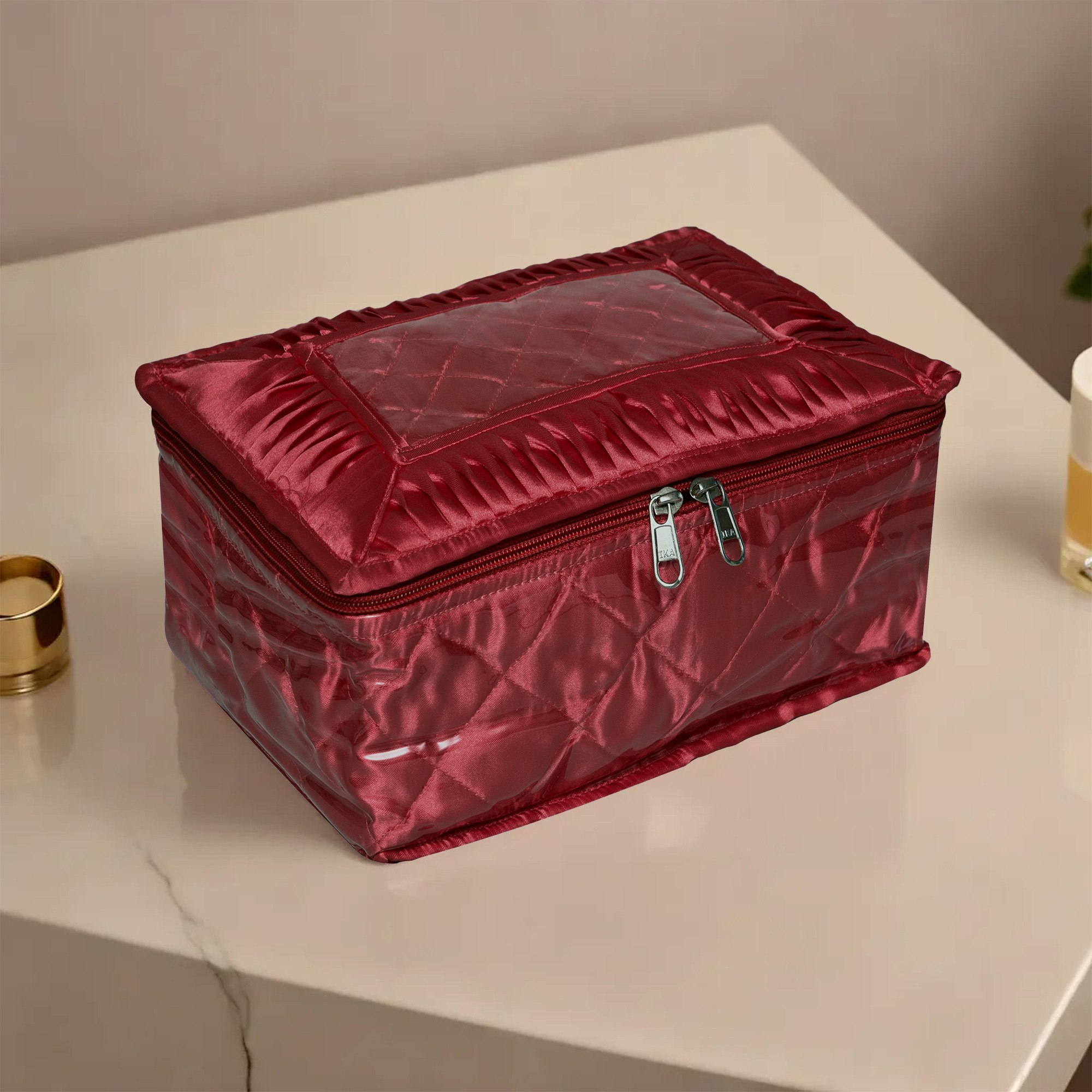 Kuber Industries Makeup Storage Bag | Vanity Organizer | Locker Makeup Kit | Cosmetic Organizer for Travel | Makeup Kit for Woman | 12 Detachable Pouch | Frill Jewellery Organizer | Maroon