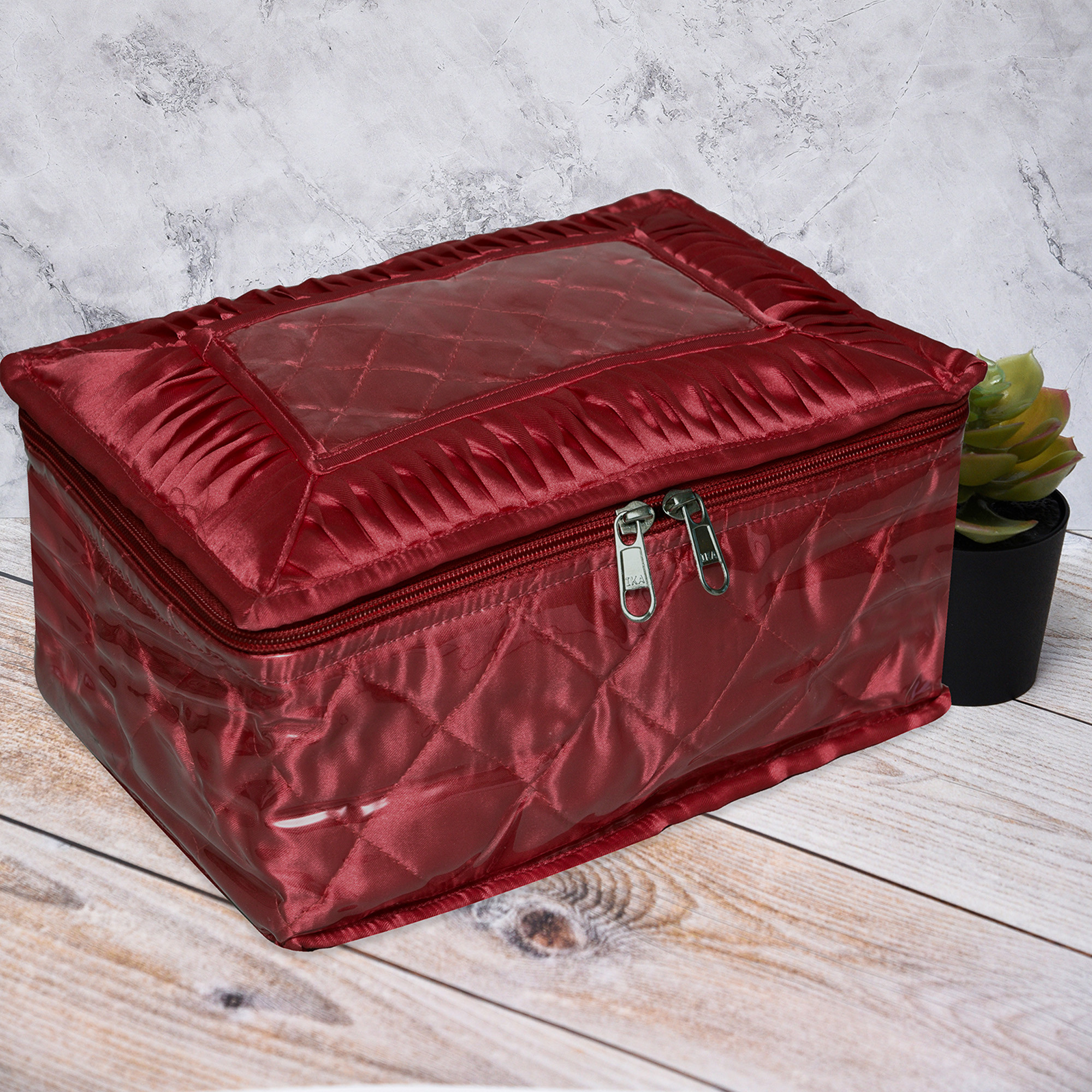 Kuber Industries Makeup Storage Bag | Vanity Organizer | Locker Makeup Kit | Cosmetic Organizer for Travel | Makeup Kit for Woman | 12 Detachable Pouch | Frill Jewellery Organizer | Maroon