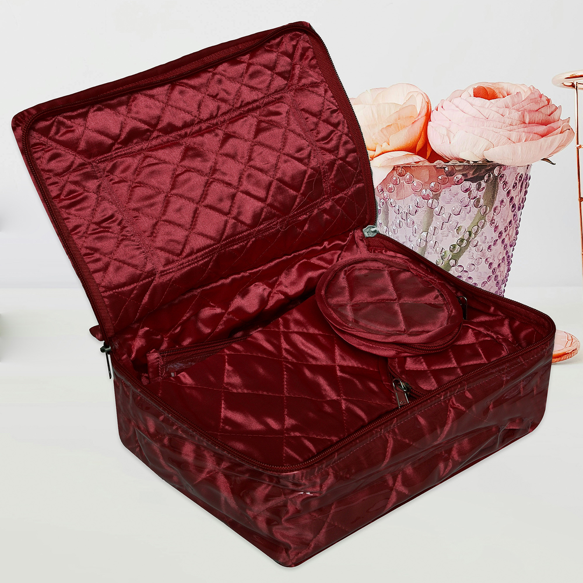 Kuber Industries Makeup Storage Bag | Vanity Organizer | Locker Makeup Kit | Cosmetic Organizer for Travel | Makeup Kit for Woman | 12 Detachable Pouch | Frill Jewellery Organizer | Maroon
