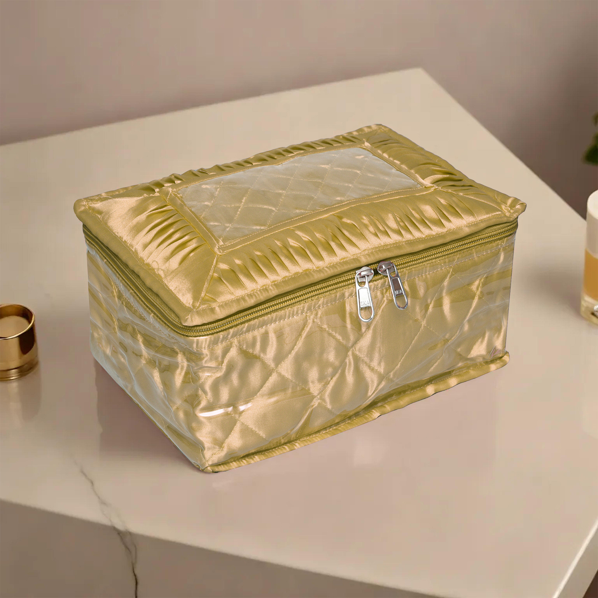 Kuber Industries Makeup Storage Bag | Vanity Organizer | Locker Makeup Kit | Cosmetic Organizer for Travel | Makeup Kit for Woman | 12 Detachable Pouch | Frill Jewellery Organizer | Golden
